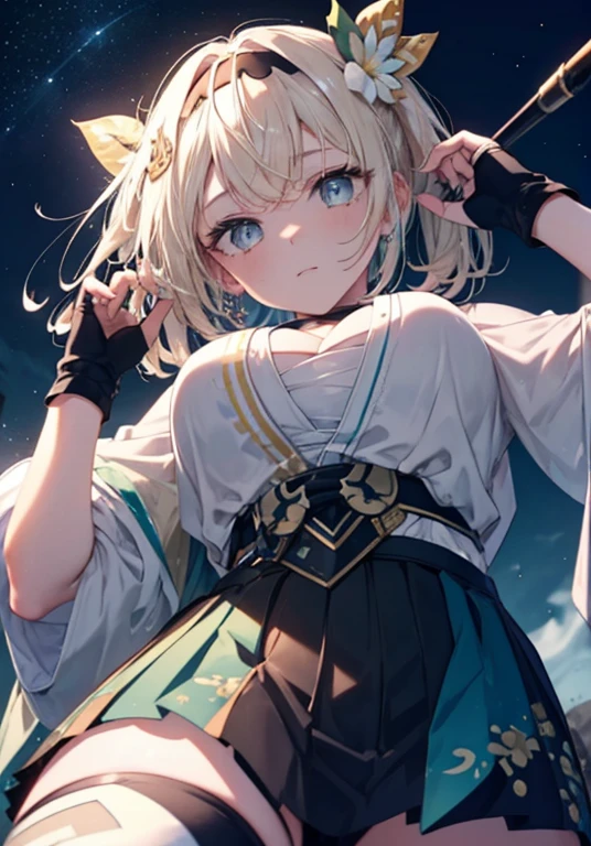 (masterpiece)、(highest quality)、((Super detailed))、(super delicate)、(IrohaBase, hair ornament, hairband, sarashi, haori, covered navel, black gloves, pleated skirt, green skirt, white thighhighs, cleavage)、big breasts、Beautiful side breasts、(lose one's clothes:1.3)、(from below:2), (face close-up:1.7),Hot spring at night、fantastic starry sky