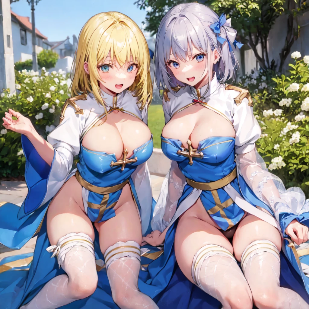 Texture CG, ((Ultra Detail Art)), ((master piece)), (extremely details CG),Multiple girls,3girls,sitting,nsfw,ragnarokarch,sexy gal , gyaru,beautiful breasts, beautiful legs, show off panties ,panty shot, wind lift ,((string panties),(thin panties)),clothy_aside, clothing aside, clothes lift, pelvic curtain,(((White Puff Sleeves))), white thigh thighs, Gold Sash ,White blue dress from neck to chest, cleavage cutout, Long blue skirt with slit, (Blue Wide Sleeve), (Blue Dress Short Front), long hair, blonde hair, pink hair, silver hair, Curve, Beautiful detailed eyes , gleaming skin, open mouth ,light smile, embarrassed:1.4, outsides ,clear sky, in summer ,windy ,garden,