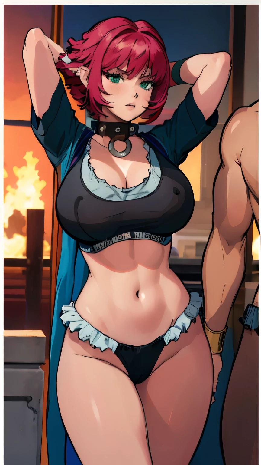 masterpiece, best quality, ultra-detailed, adult Cala 1girl, , , arms behind head, , panties, sports bra, black panties, clothes writing bracelet, collar, full body, surprised, worried, red hair, spiky hair, full body, looking at the viewer, female focus, green eyes