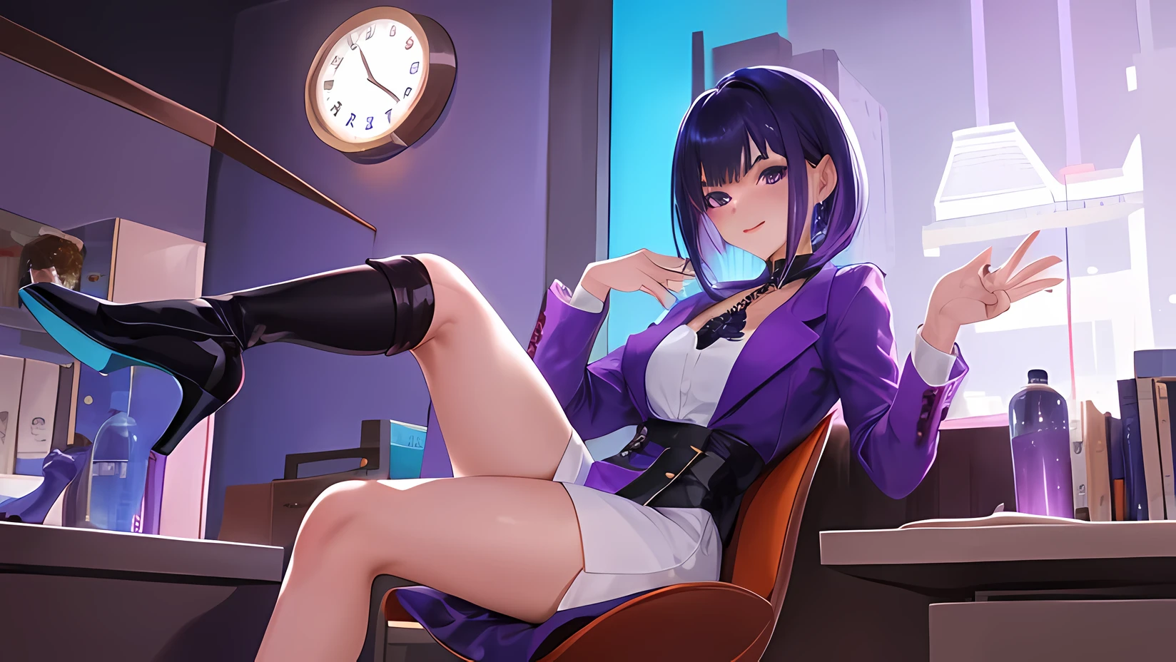 1 mujer madura, cabello corto azul, chaqueta morado, tacones corto morado, falda azul, sitting at the desk showing her purple heels with a black mask