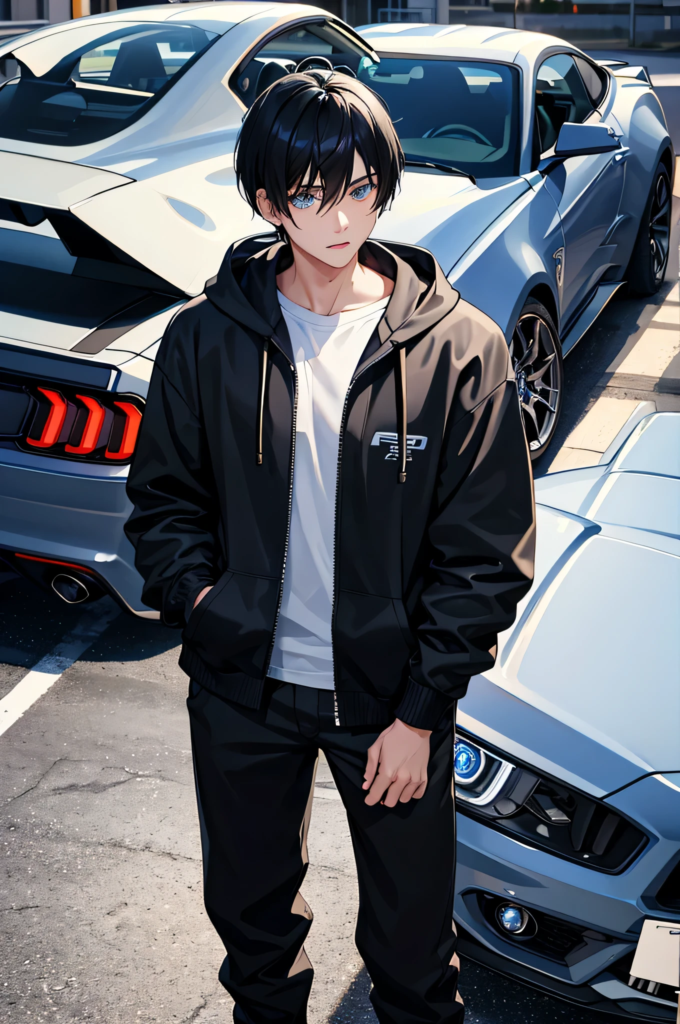 1boy with ford mustang car,black white hoodie,blue eyes,black hair,mullet haircut, car meet background