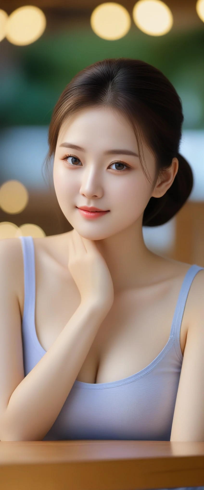 UHD, of beautiful korean female, 34 inch breasts size, slightly smile , wearing tank top, rest one's chin on one hand, at wooden table, bokeh background 