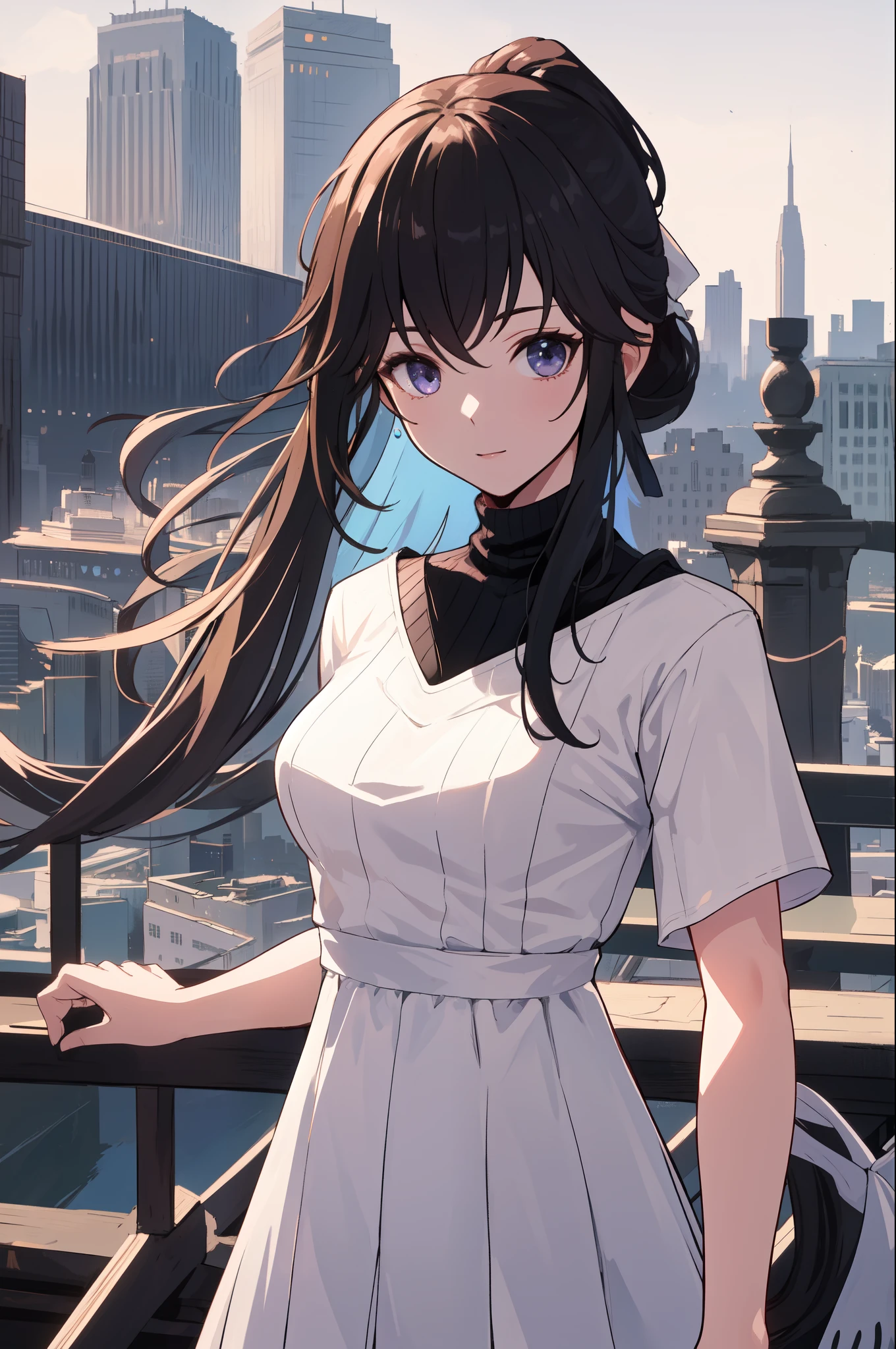 best quality, masterpiece,selenaPGR, white dress, two-tone long hair, ponytail, (sweater turtleneck, modest clothing:1.2) looking at viewer, upper body, cityscape, see though, covered