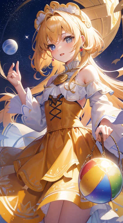 masterpiece, highest quality, 8K resolution, sharp focus, intricate details, beautiful girl, sparkling eyes, golden ratio face, liquid from another world, watercolor, warm colors, bright colors, Whimsical, colorful, sharp focus, High resolution, small details, ((Layered tiered billowy long sleeve ball gown)), ((round eyes)), rainbow colored bubbles, fantasy background
