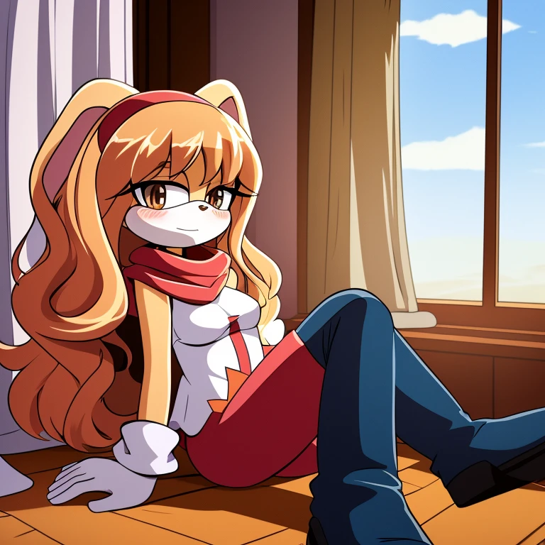 Adult Female, Mobian, Rabbit, Cream the Rabbit, sonic the hedgehog \(series\), rabbit girl, ((solo)), ((1girl)), ((hairstyles, long wavy hair with curtain side bangs, similar to Maria)), brown eyes, blushing, serious/mad, young adult, average sized breasts, hair on top of shoulders, long peach hair color that’s is wavy, wearing a blue anime styled scarf, wearing a red one piece, knee length tights, black boots, white gloves, arms crossed, (((2D Anime Style))),