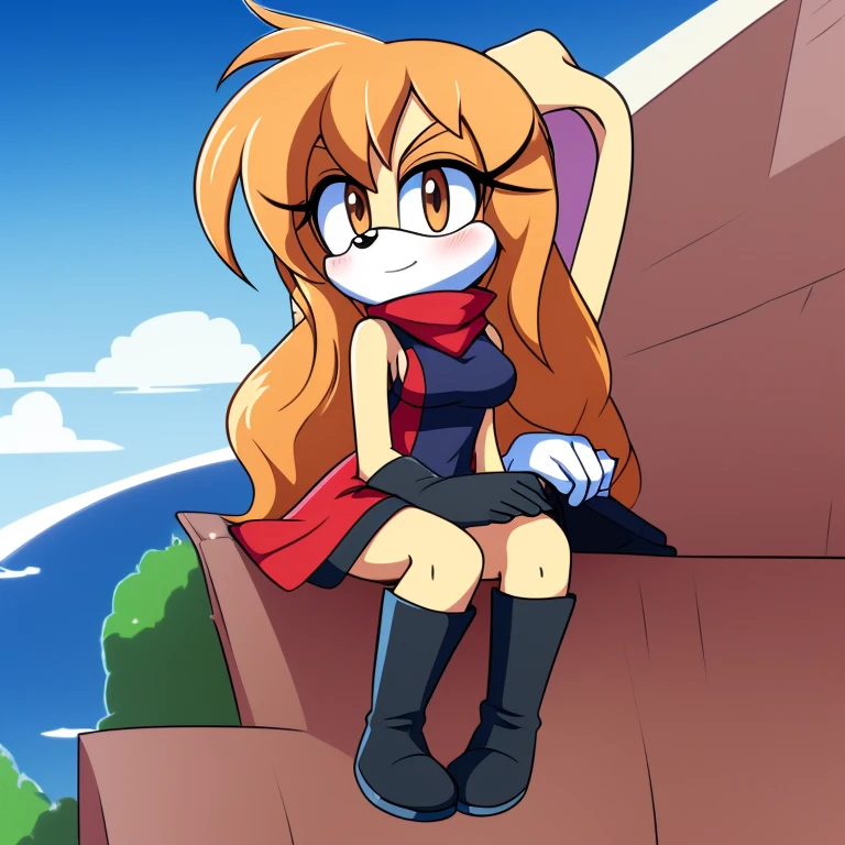 Adult Female, Mobian, Rabbit, Cream the Rabbit, sonic the hedgehog \(series\), rabbit girl, ((solo)), ((1girl)), ((hairstyles, long wavy hair with curtain side bangs, similar to Maria)), brown eyes, blushing, serious/mad, young adult, average sized breasts, hair on top of shoulders, long peach hair color that’s is wavy, wearing a blue anime styled scarf, wearing a red one piece, knee length tights, black boots, white gloves, arms crossed, (((2D Anime Style))), 