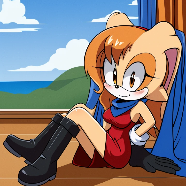 Adult Female, Mobian, Rabbit, Cream the Rabbit, sonic the hedgehog \(series\), rabbit girl, ((solo)), ((1girl)), ((hairstyles, long wavy hair with curtain side bangs, similar to Maria)), brown eyes, blushing, serious/mad, young adult, average sized breasts, hair on top of shoulders, long peach hair color that’s is wavy, wearing a blue anime styled scarf, wearing a red one piece, knee length tights, black boots, white gloves, arms crossed, (((2D Anime Style))),