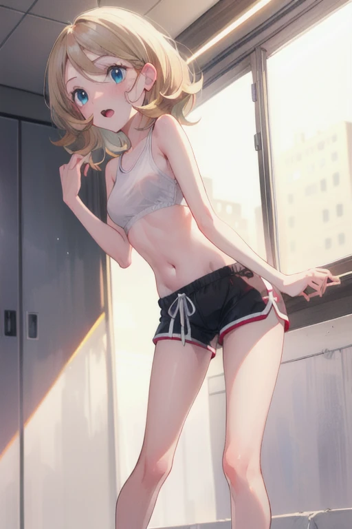 gonzarez, masterpiece, Serenaj, 1girl,l solo,
blue eyes, blonde hair, medium hair, open eyes , white camisol, mid riff , shorts shorts,