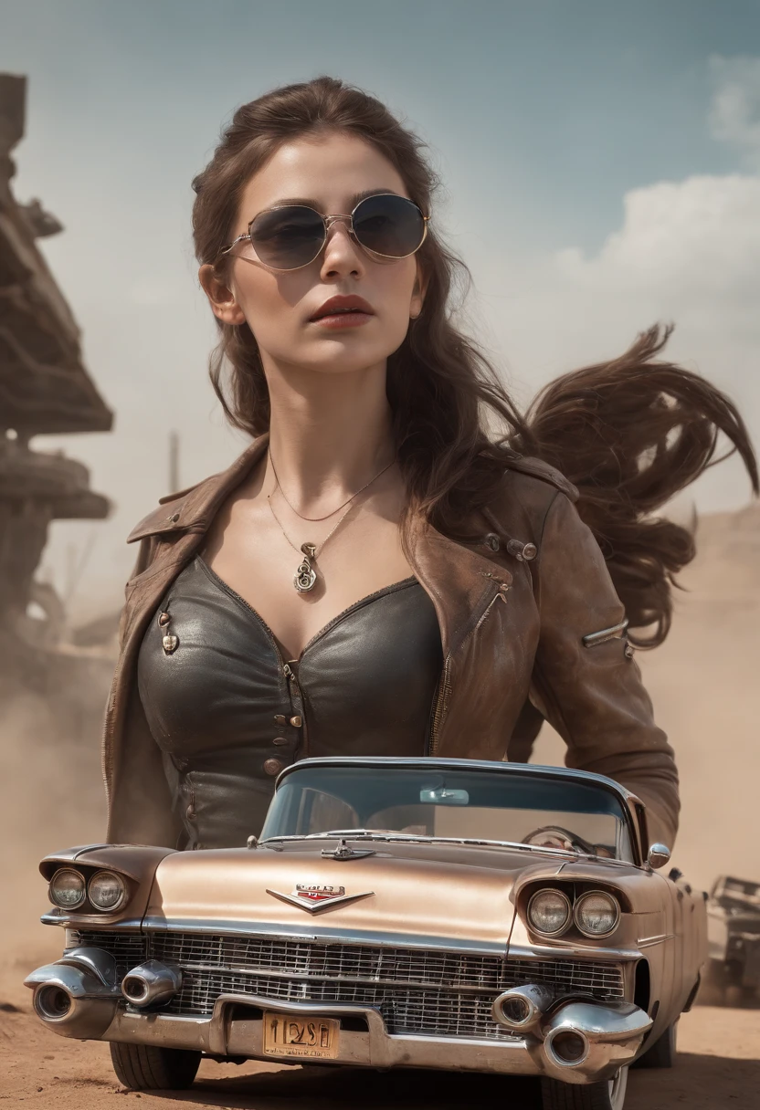 faithful image of an old rusty 1955 cadilac eldorado with METAL spikes on the hood, War vehicle, COM MUITOS ESPINHOS AO REDOR. RODAS GROSSAS, military style with modifications, the car is racing on a street suspended over a destroyed white concrete overpass in the center of a post-apocalyptic city with many buildings around, carro steampunk, dramatic art, estilo de arte dieselpunk, apocalyptic road warrior vibe, a girl with sunglasses is inside the car, arte digital surreal, Mad Max inspirado, heavy metal artwork, simetria da face cromada, arte steampunk digital, It's not the Mad Max style, metal art, It's not Filip Hodas' art style, arte digital steampunk, dieselpunk, em um mundo hightech, foto na diagonal