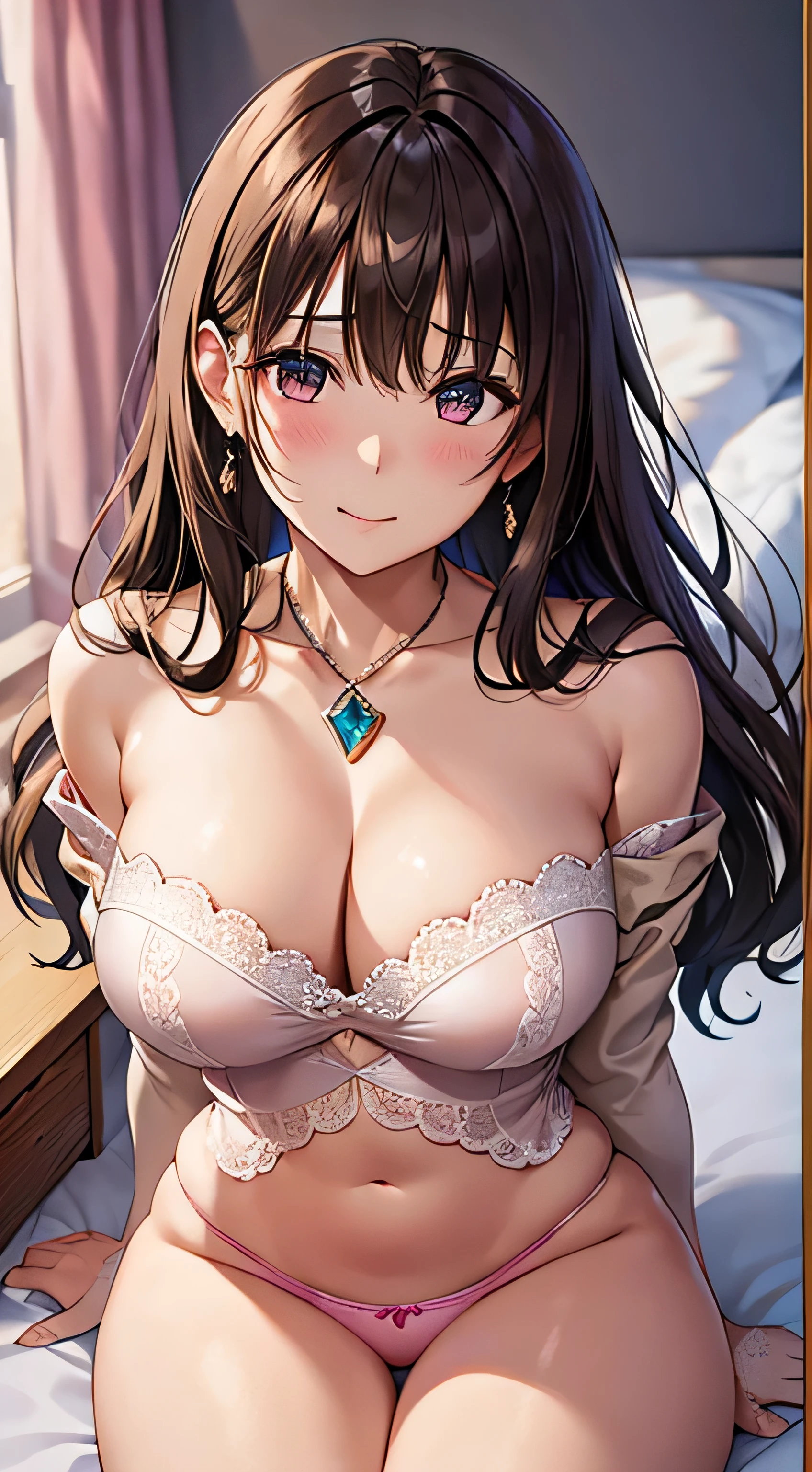 (table top, highest quality, High resolution, , perfect pixel, 4k,), 1 girl, single, alone, Beautiful woman、I could see the whole body、 ((wavy middle hair, bangs, brown hair)), ((brown eyes, beautiful eyelashes, realistic eyes)), ((detailed face, blush:1.2)), ((smooth texture:0.75, realistic texture:0.65, realistic:1.1, Anime CG style)), medium breasts, dynamic angle, perfect body, ((Pink lace panties are visible, beige off shoulder sweater、、black stockings、cute necklace、earrings、)), upper grade、shy smile、Luxury hotel room、sleep on your back in bed、((open legs))、angle from below、Put your arms together to accentuate your cleavage、、(())、