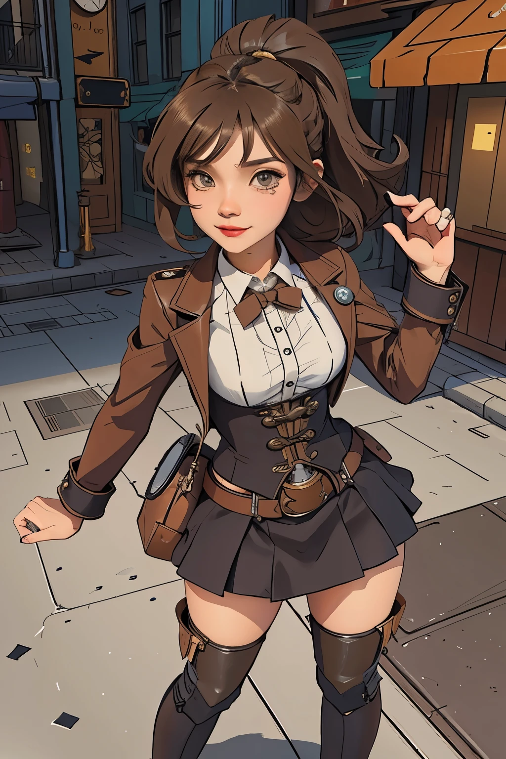 Cute girl in steampunk style and clothes, 3d anime, modern city on background, full of details 