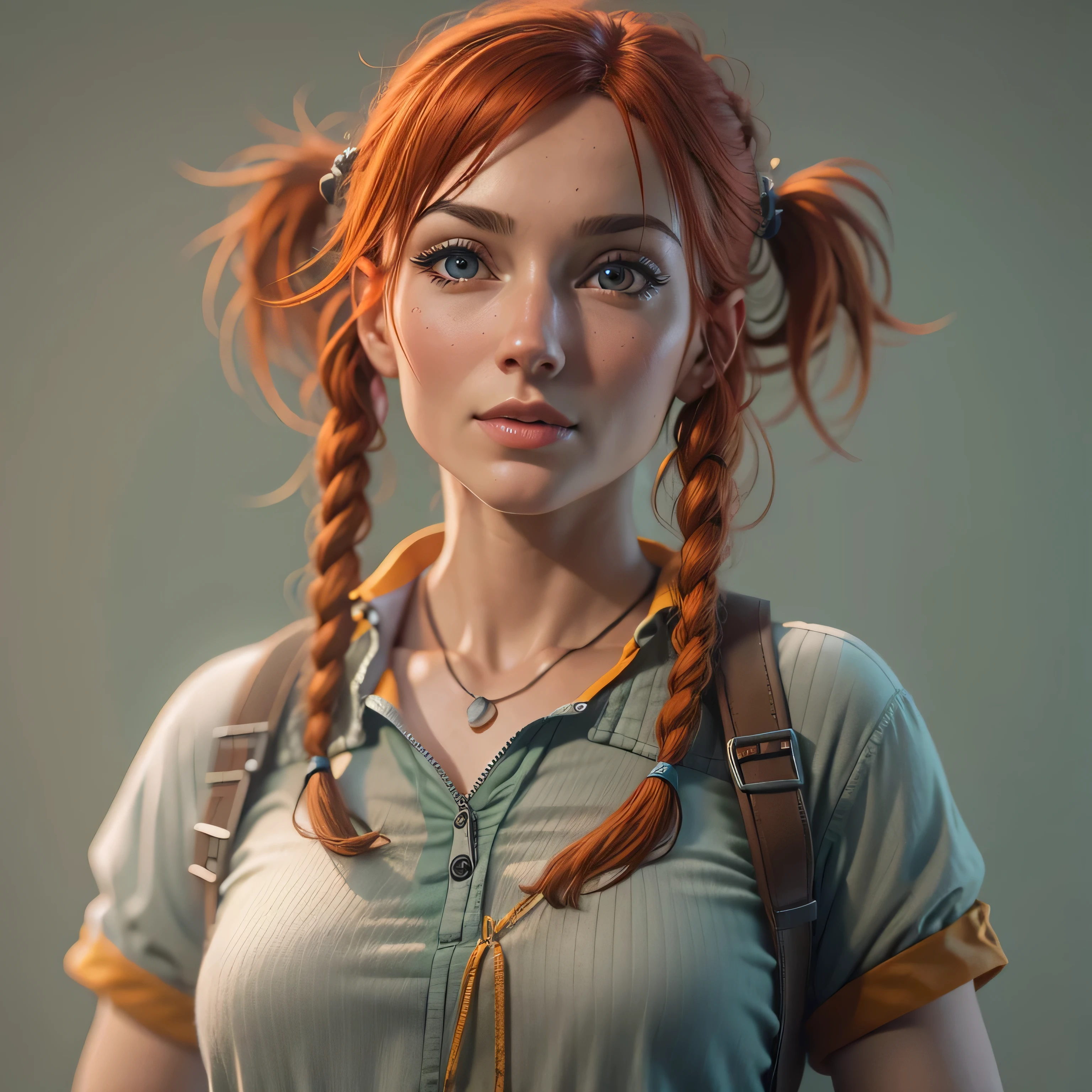 Half body image of grown-up Pippi Longstocking, sexy, photo-realistic, octane render, unreal engine, ultra-realistic,