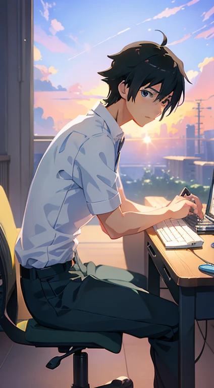 anime boy sitting at desk, A cute boy, Holding a computer and keyboard, ((makoto shinkai)), studio brisk makoto shinkai, Gubes style artwork, makoto shinkai. digital rendering, digital anime illustration, planned, makoto shinkai art style, makoto shinkai style, makoto shinkai!