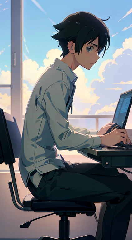 anime boy sitting at desk, A cute boy, Holding a computer and keyboard, ((makoto shinkai)), studio brisk makoto shinkai, Gubes style artwork, makoto shinkai. digital rendering, digital anime illustration, planned, makoto shinkai art style, makoto shinkai style, makoto shinkai!