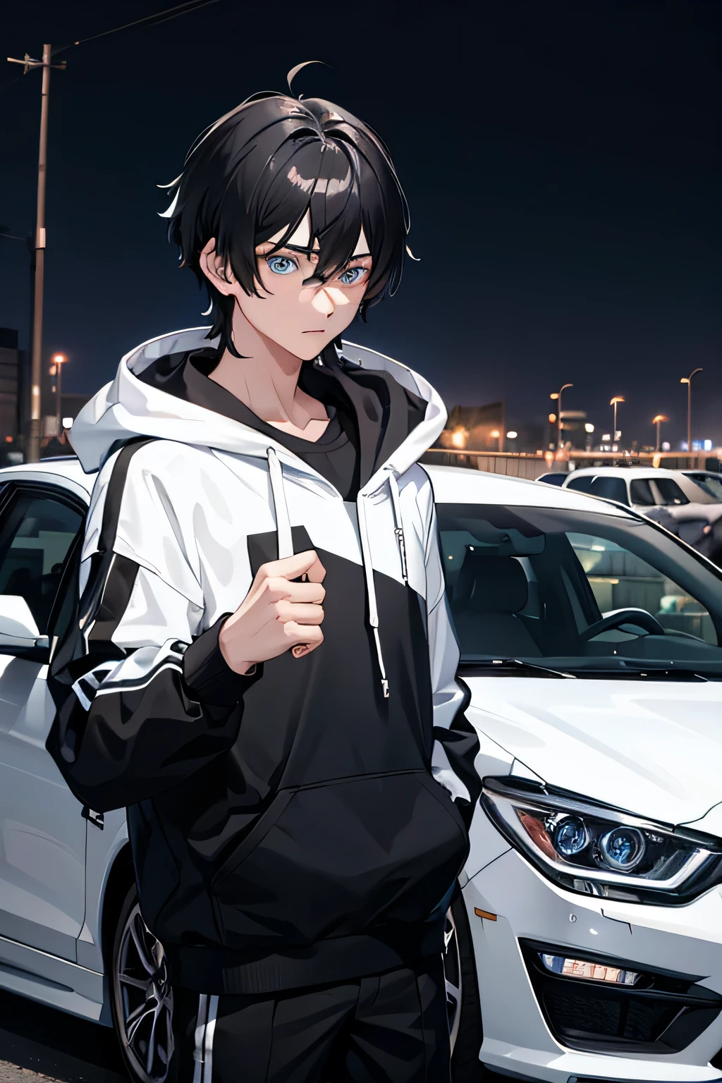 1boy,black white hoodie,blue eyes,black hair,mullet haircut,night car meet background