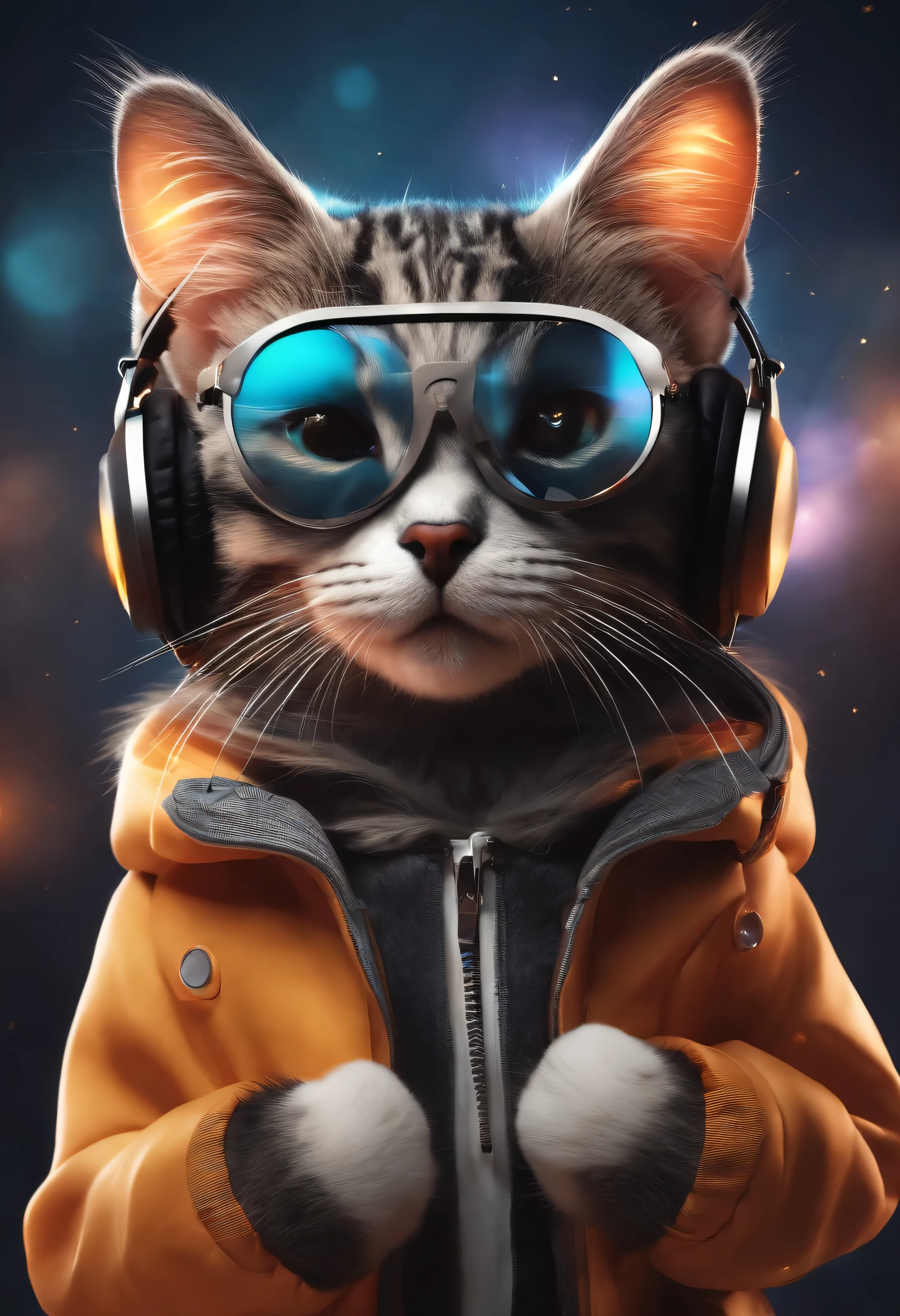 Perfect centering, cute little cat, Wear a jacket, Wearing sunglasses, Wearing headphones, cheerfulness, Standing position, Abstract beauty, Centered, Looking at the camera, Facing the camera, nearing perfection, Dynamic, Highly detailed, smooth, Sharp focus, 8K