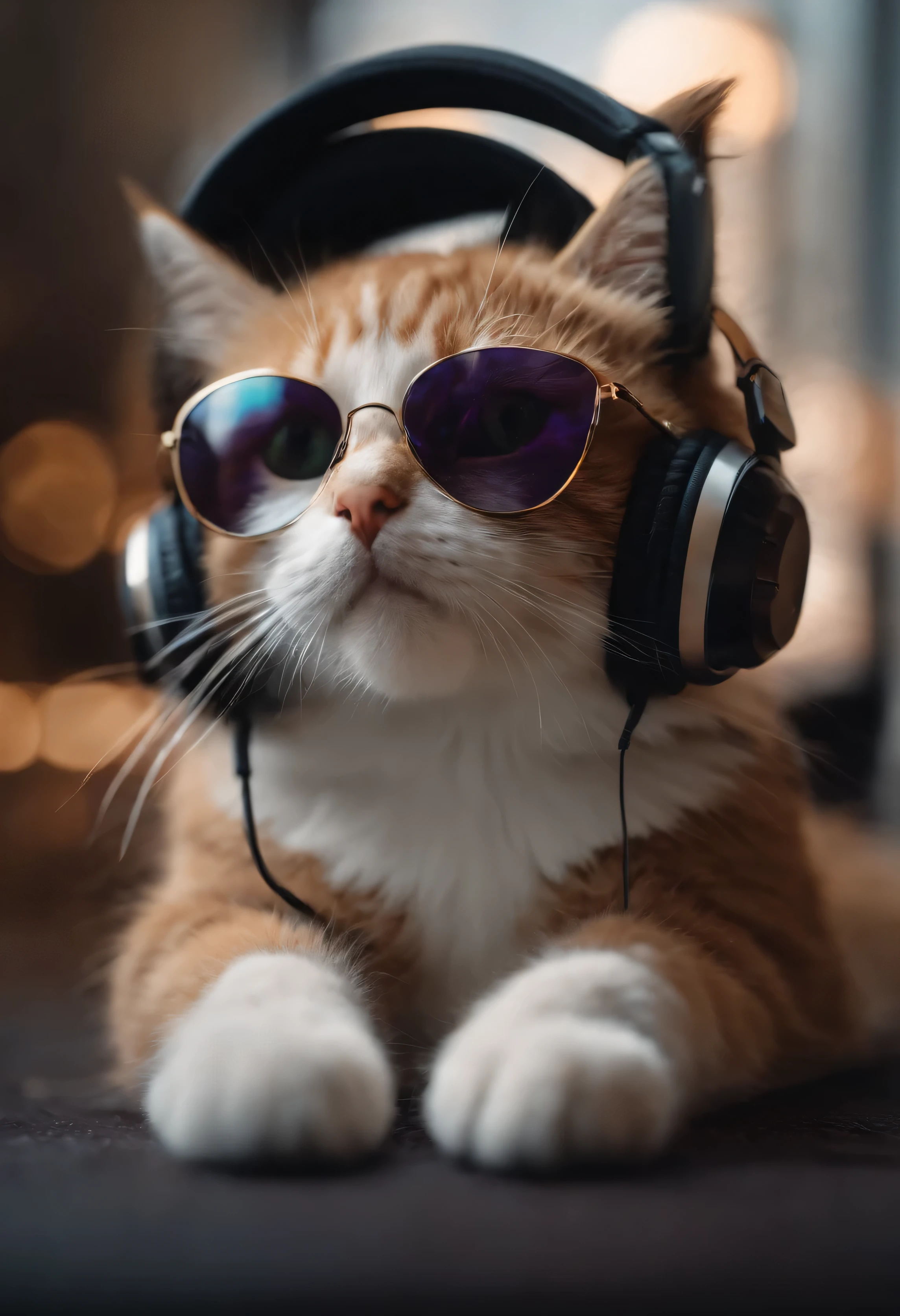 Perfect centering, cute little cat, Wear a jacket, Wearing sunglasses, Wearing headphones, cheerfulness, Standing position, Abstract beauty, Centered, Looking at the camera, Facing the camera, nearing perfection, Dynamic, Highly detailed, smooth, Sharp focus, 8K
