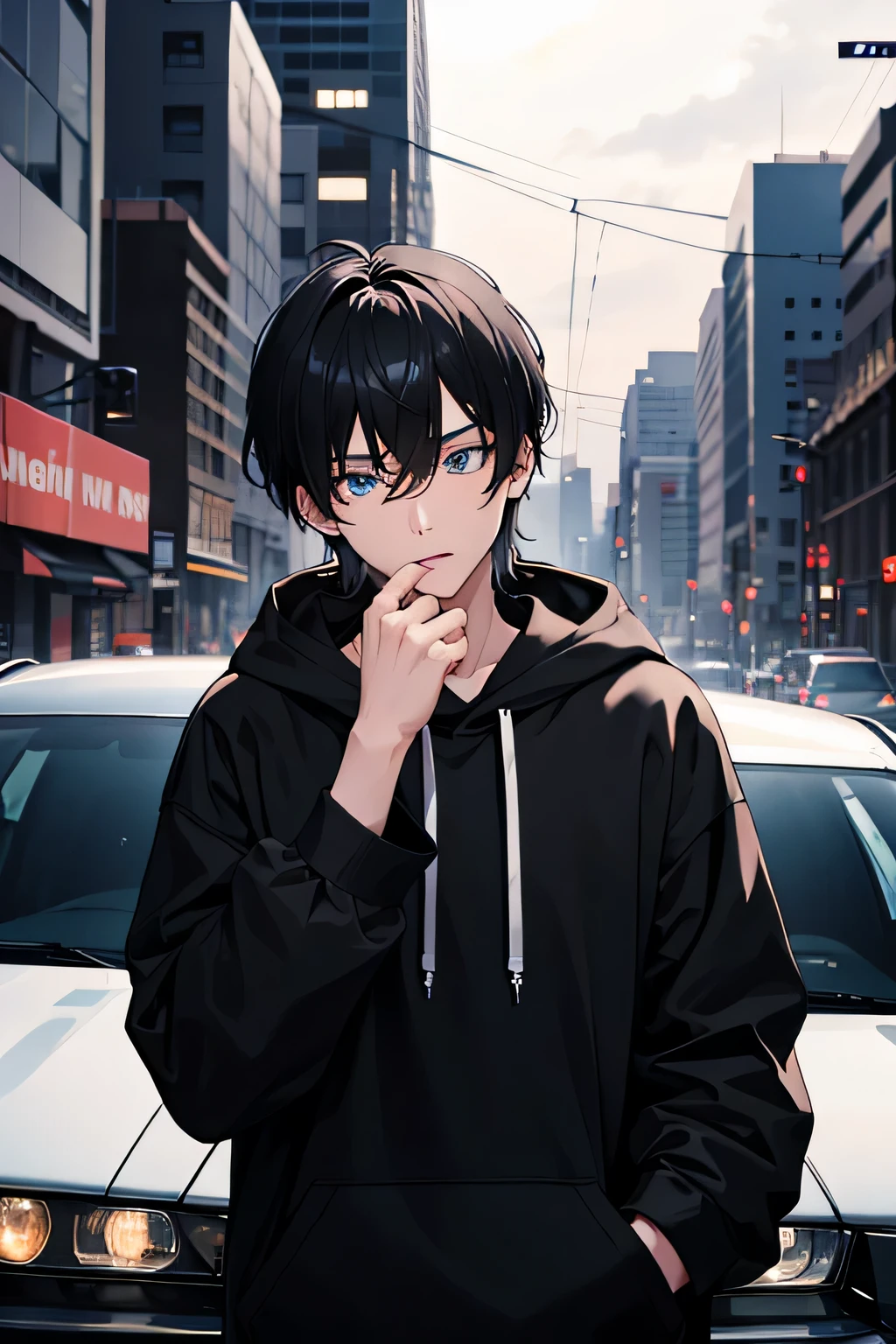 1boy,black white hoodie,blue eyes,black hair,mullet haircut,night car meet background