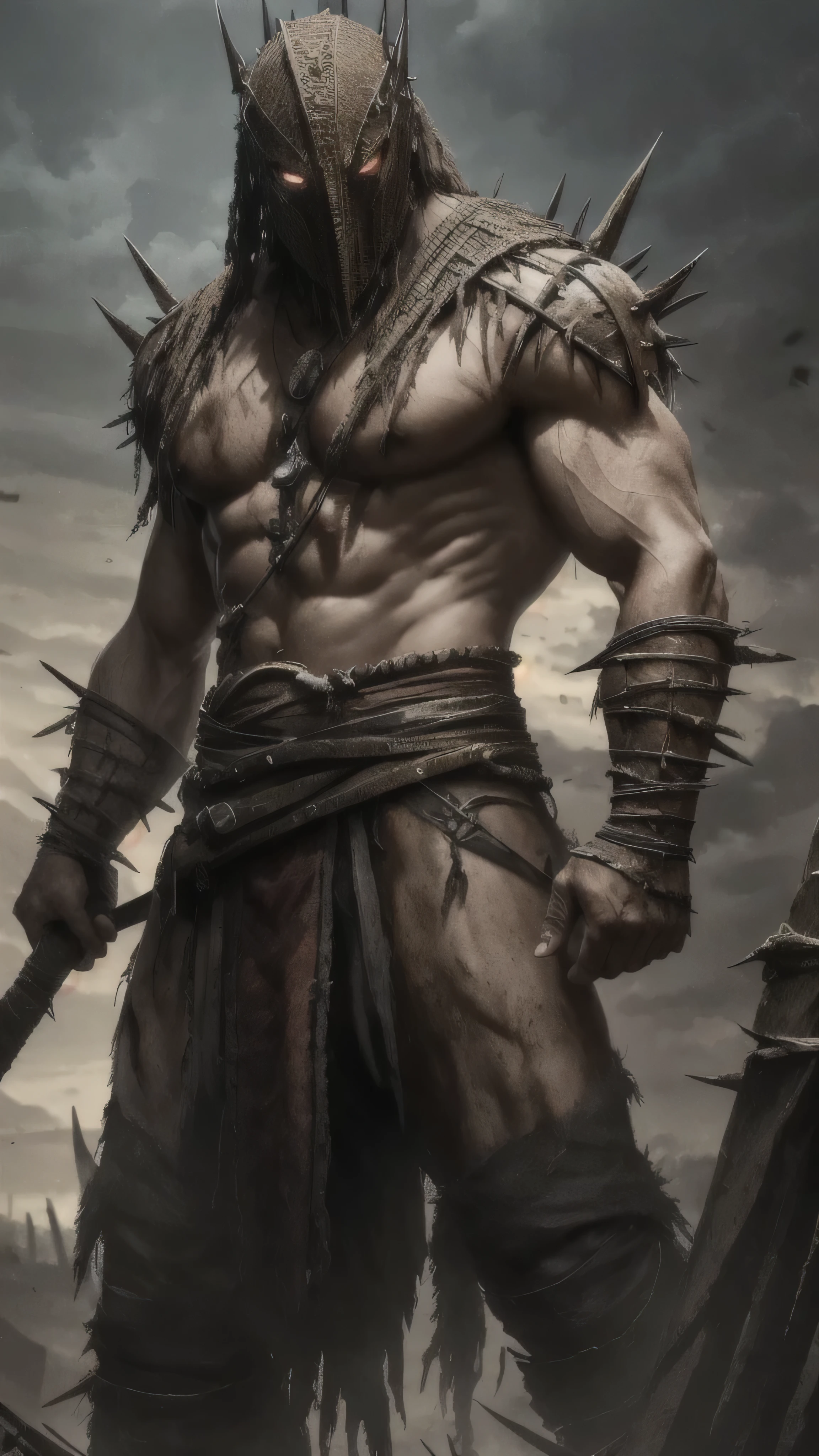 ((Drahmin)) from Mortal Kombat, ((tall hunched monstrous creature)), ((decayed and disfigured flesh)), (rotting flesh with exposed bones and sinew), ((head is covered by a spiked rusty worn metal mask with sharp spikes protruding)), thick sturdy limbs, ((wields spiked club)), ((tattered torn fabric)), wraps, 1man, solo, full body view, intricate, high detail, sharp focus, dramatic, photorealistic painting art by greg rutkowski