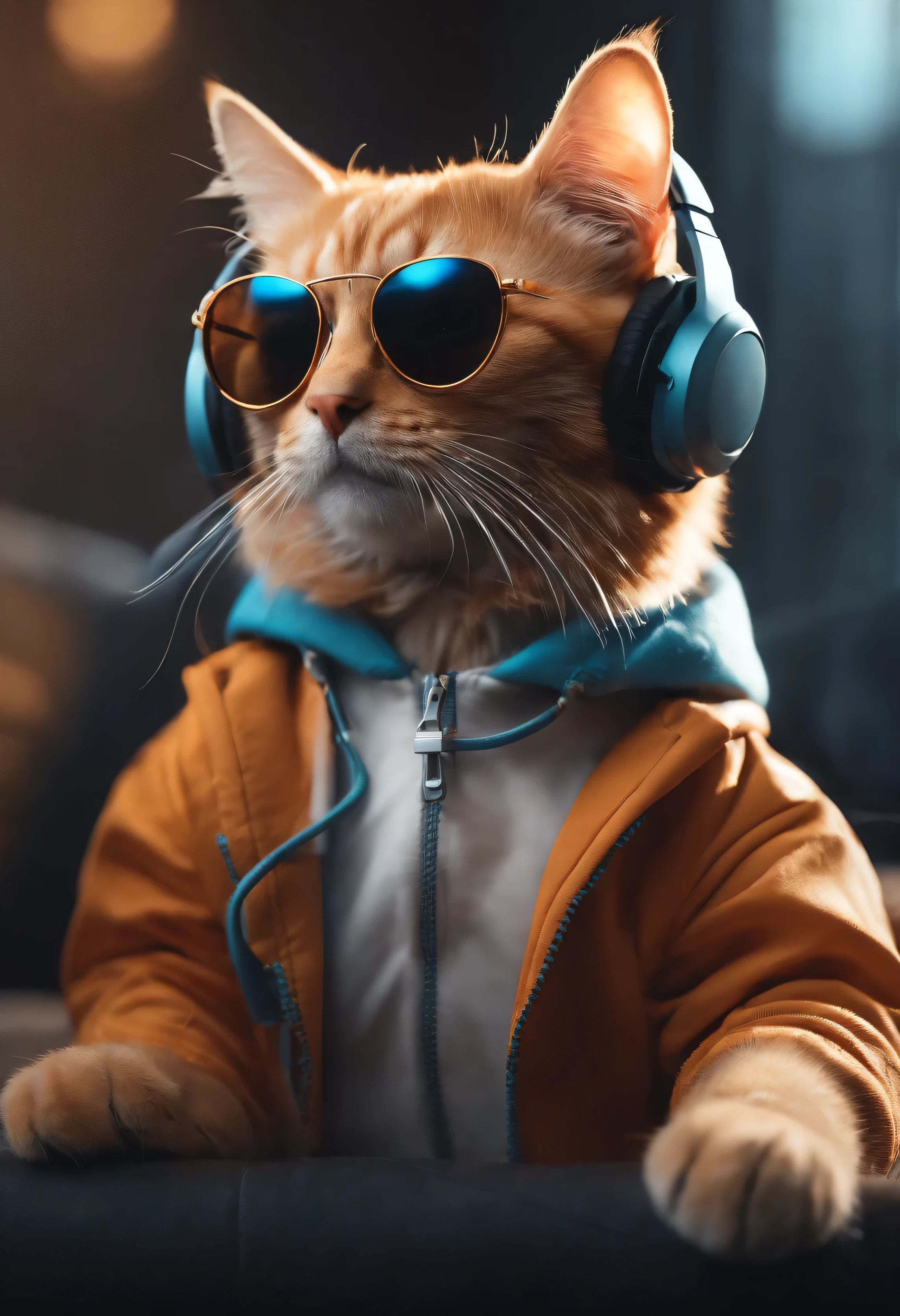 Perfect centering, cute little cat, Wear a jacket, Wearing sunglasses, Wearing headphones, cheerfulness, Standing position, Abstract beauty, Centered, Looking at the camera, Facing the camera, nearing perfection, Dynamic, Highly detailed, smooth, Sharp focus, 8K