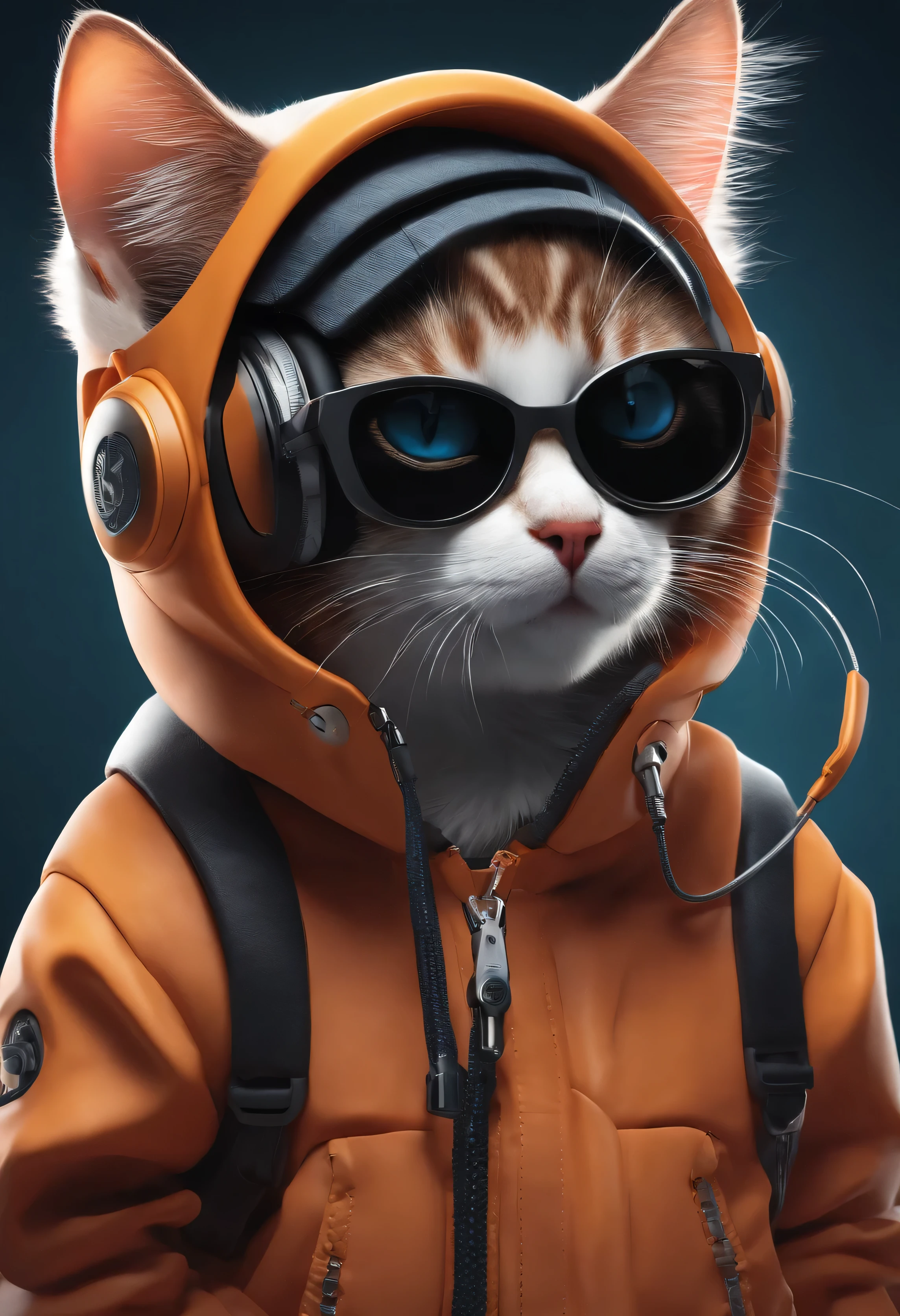 Perfect centering, cute little cat, Wear a jacket, Wearing sunglasses, Wearing headphones, cheerfulness, Standing position, Abstract beauty, Centered, Looking at the camera, Facing the camera, nearing perfection, Dynamic, Highly detailed, smooth, Sharp focus, 8K