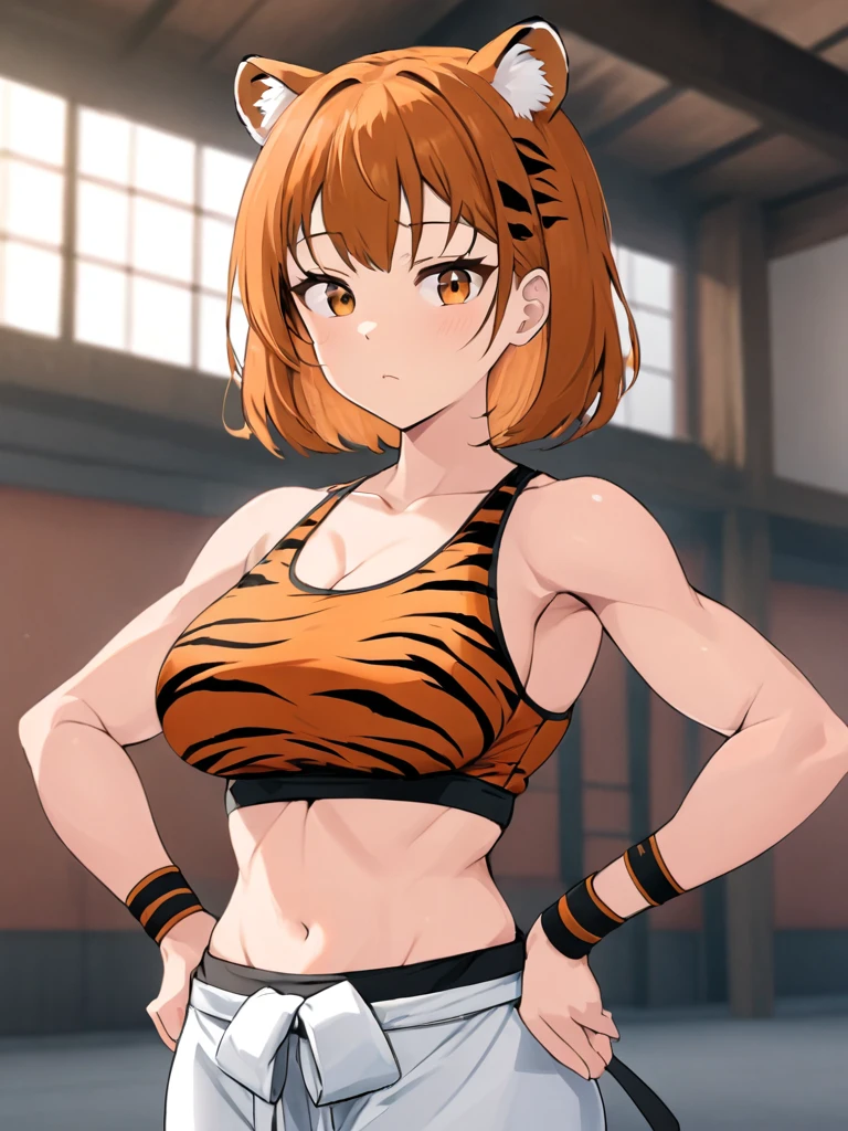 high_quality, 4k, masterpiece, 1girl, solo, chin_length_hair, Tiger_girl, Kemonomimi, tiger_pattern_hair, orange_and_black_hair, beautiful_background, stoic_expression, athletic_figure, six_pack, large_bust, looking_at_viewer, tank_top, wrist_wraps, hands_on_hips, dojo_background, indoors
