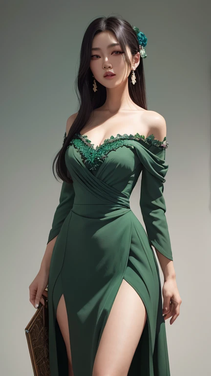 a woman in a short dress posing in front of a painting, gorgeous young korean woman, wearing an elegant dress, beautiful young korean woman, sexy dress, beautiful south korean woman, yanjun chengt, jaeyeon nam, korean women's fashion model, elegant dress, hwang se - on, jade green whith rose motifs dress, korean artist, wearing aJade green with rose motifs dress, cute korean actress full body