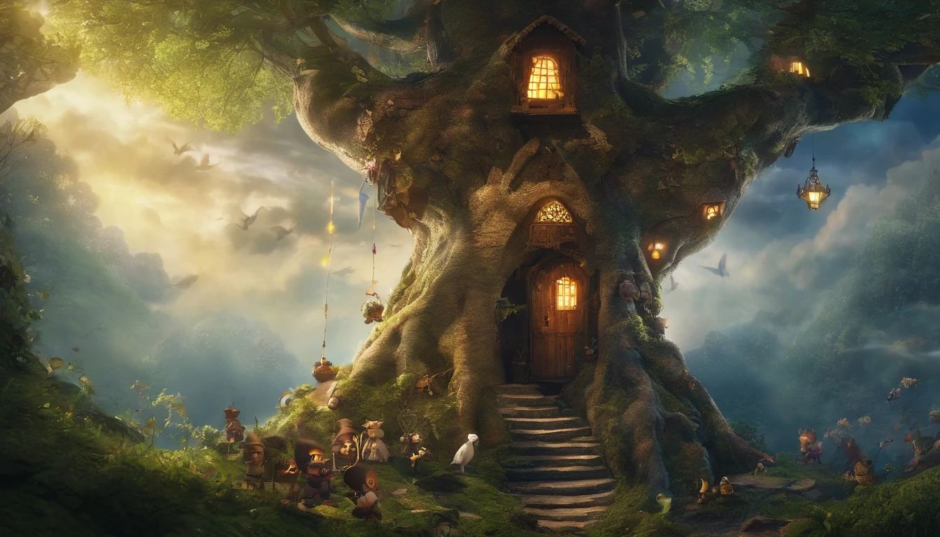 In the mysterious forest at midnight、one big tree、Many strange little animals dressed in wizard clothes are standing on two legs and looking up at a big tree。very cute、fantasy、assembly、award-winning, table top, highest quality, High resolution, photographっぽい、Very realistic、 very realistic、photograph、one person perspective、super detail、high detail、8K、