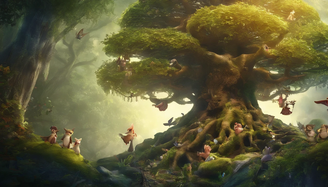 In the mysterious forest at midnight、one big tree、Many strange little animals dressed in wizard clothes are standing on two legs and looking up at a big tree。very cute、fantasy、assembly、award-winning, table top, highest quality, High resolution, photographっぽい、Very realistic、 very realistic、photograph、one person perspective、super detail、high detail、8K、