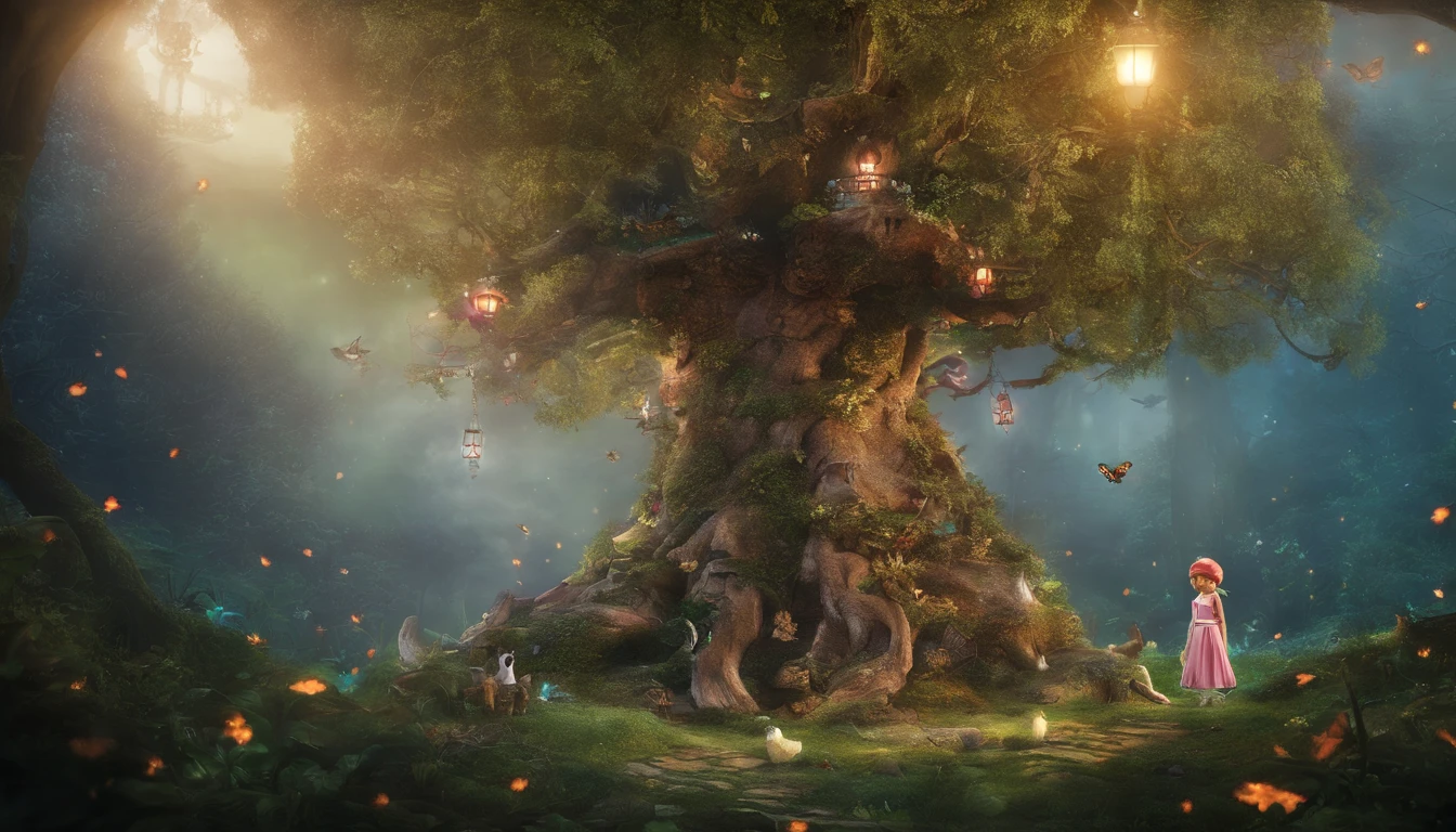 In the mysterious forest at midnight、one big tree、Many strange little animals dressed in wizard clothes are standing on two legs and looking up at a big tree。very cute、fantasy、assembly、award-winning, table top, highest quality, High resolution, photographっぽい、Very realistic、 very realistic、photograph、one person perspective、super detail、high detail、8K、