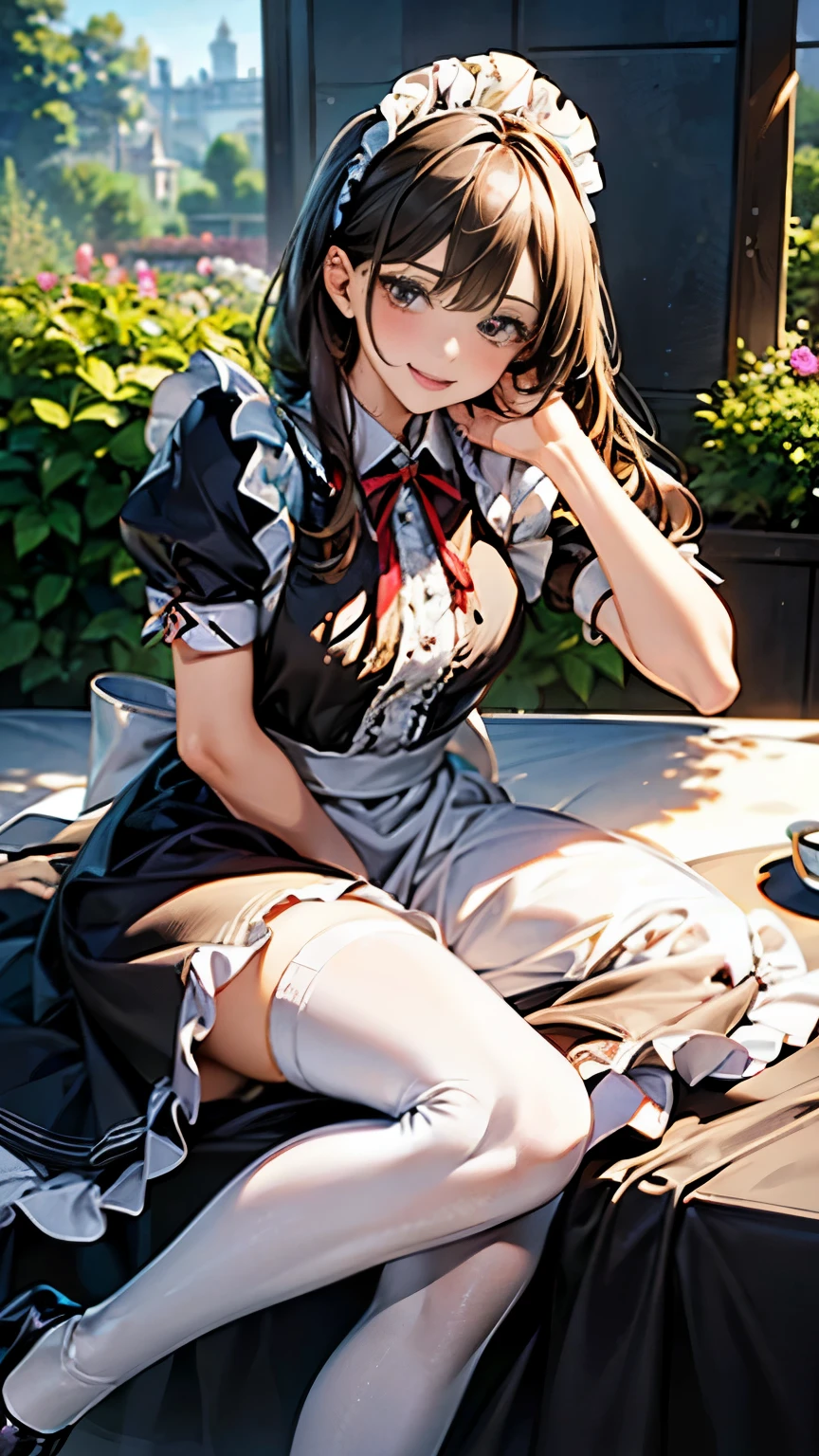 highest quality, masterpiece, 8K, photorealist,  ultra high resolution, very delicate and beautiful, HDR, cinematic lighting, medium shot, portrait, perfect female body, Beautiful woman, mature woman, contrasting, put your hand on your head, looking at the viewer,((garden)),  (maid:1.6、ruffled apron、ribbon、headdress、high heels、one piece dress、white stockings)、(Clean and neat hairstyle)、cute smile、cleaning、tidying up、cooking、Setting the table、Afternoon tea、
