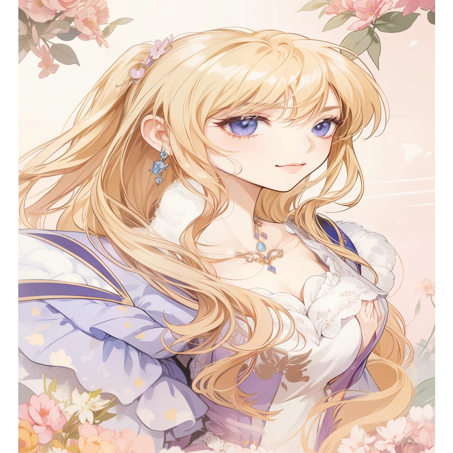 There was a woman in a white dress holding a music box., artwork in the style of Guvez, Guvez on pixiv artstation, Guvez on artstation pixiv, Guvez, Fantasy art style, Guvez masterpiece, beautiful and elegant queen, beautiful character drawings, Detailed digital anime art, blonde hair princess, white hair, blue eyes, pink lips