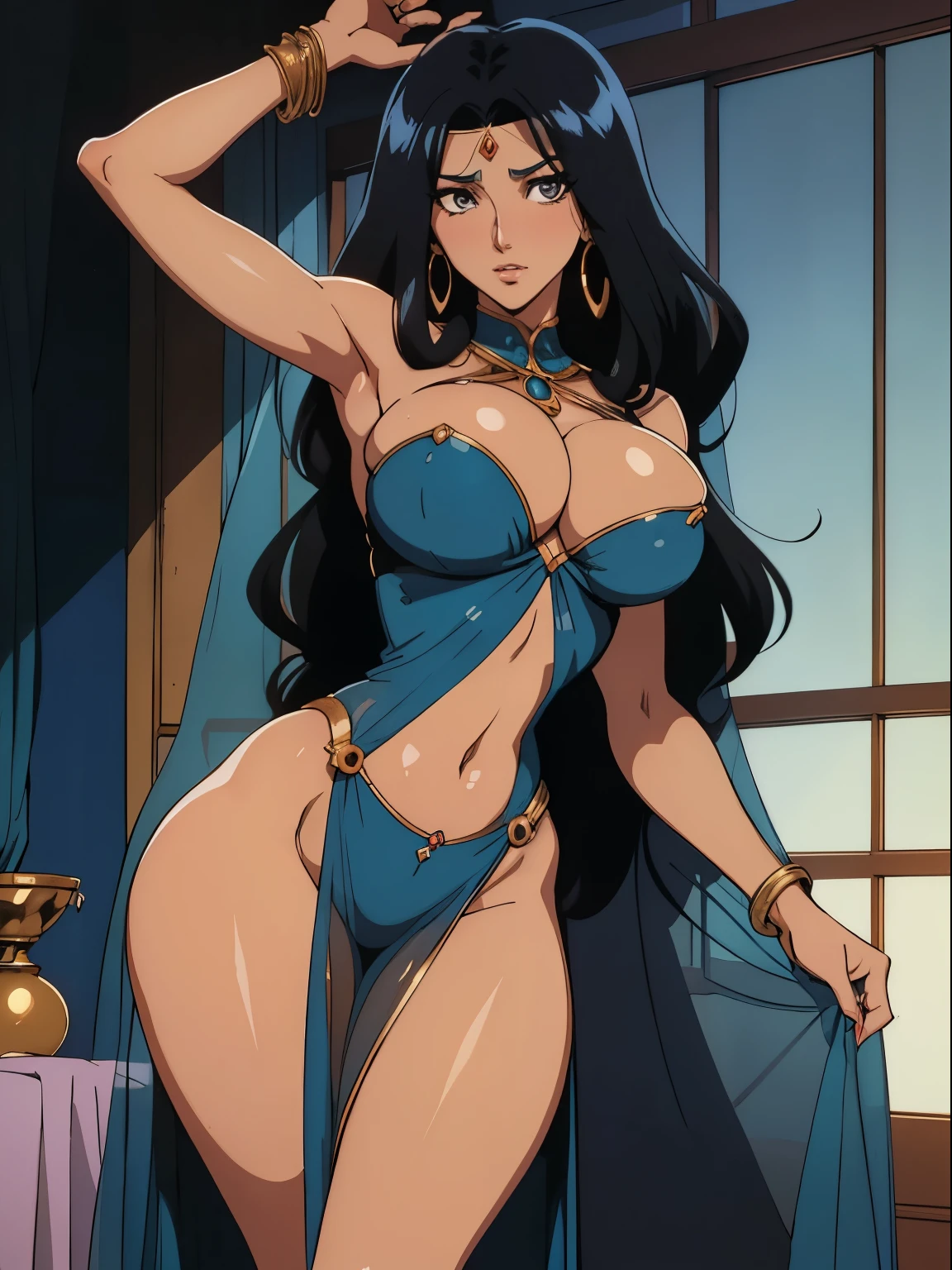 (1980s anime), Arabian nights woman, seductive, hour glass shape body, sheer dress, see through, belly dancer, black hair, tanned skin, huge breasts, (skindentation:1.4), showing cleavage, absurdes, extremely detailed face and eyes, beautiful shadow and lighting