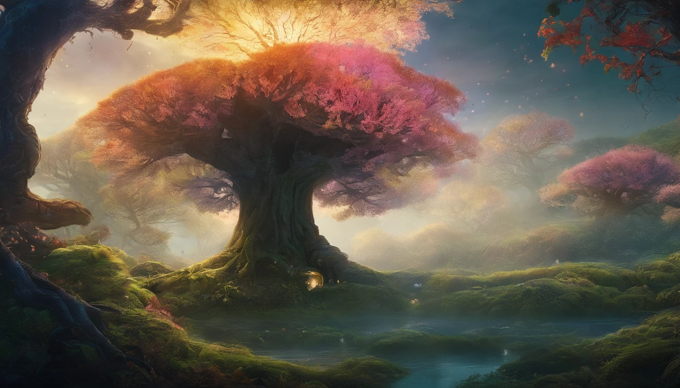 The fantastical and huge Tree of Life before my eyes、night forest、Moonlight on the tree々Plug in from between、Illuminate the ground、It creates a fantastic pattern of light and shadow.、The trunks and branches stand out from the surrounding darkness and cast shadows on the ground.。At the base of the tree, mysterious flowers and slightly glowing mushrooms grow, creating a mysterious atmosphere.。A forest view stretches out in the distance、highest quality, High resolution, photographっぽい、Very realistic、 very realistic、photograph、one person perspective、super detail、high detail、8K、