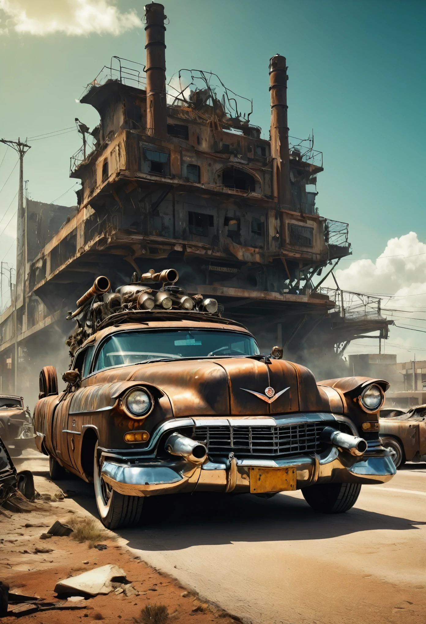 faithful image of an old rusty 1955 cadilac eldorado with METAL spikes on the hood, War vehicle, COM MUITOS ESPINHOS AO REDOR. RODAS GROSSAS, military style with modifications, the car is racing on a street suspended over a destroyed white concrete overpass in the center of a post-apocalyptic city with many buildings around, carro steampunk, dramatic art, estilo de arte dieselpunk, apocalyptic road warrior vibe, a girl with sunglasses is inside the car, arte digital surreal, Mad Max inspirado, heavy metal artwork, simetria da face cromada, arte steampunk digital, It&#39;s not the Mad Max style, metal art, It&#39;s not Filip Hodas&#39; art style, arte digital steampunk, dieselpunk, em um mundo hightech, foto na diagonal