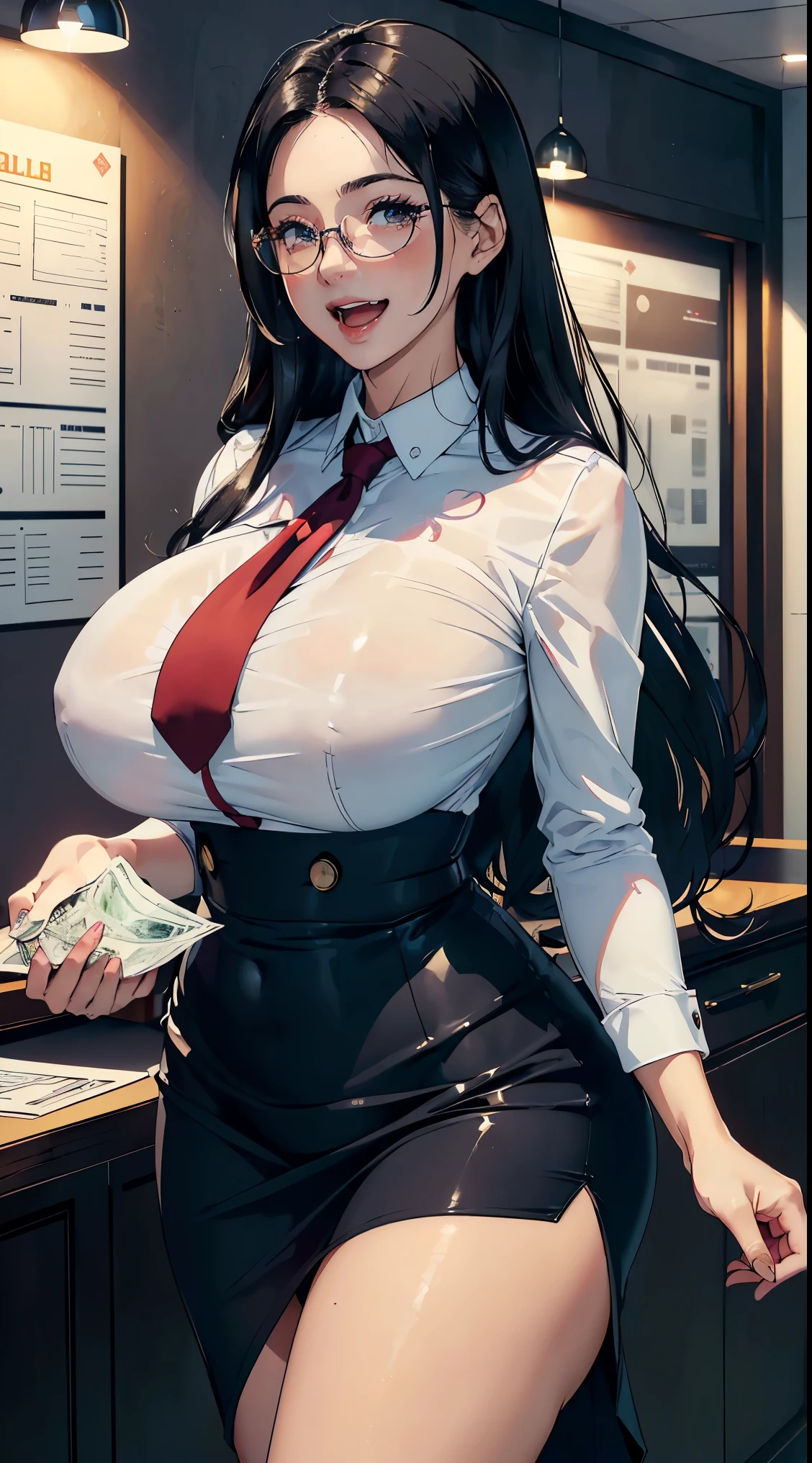 (masterpiece, best quality, ultra-detailed, 8K),(picture-perfect face,blush,(perfect female body,slim waits),thicc hips,abs,hourglass body shape,gigantic breast,(black hair),long hair,(coffee eyes,irridescent eyes),straight hair,goddess,sexy,charming,  (lushed face, bills in hand, holding bills in hands, seeing bills,)), alluring, large smile, very happy, ((huge smile, smile with open mouth, excited, ((scream of excitement)))), big ass , sexy ass, nice buttocks, enchanting,makeup,fantasy,lapiz lazuli quarry,colorfull, tight white shirt,( black office suit), short skirt, glasses,hi1,milf office lady