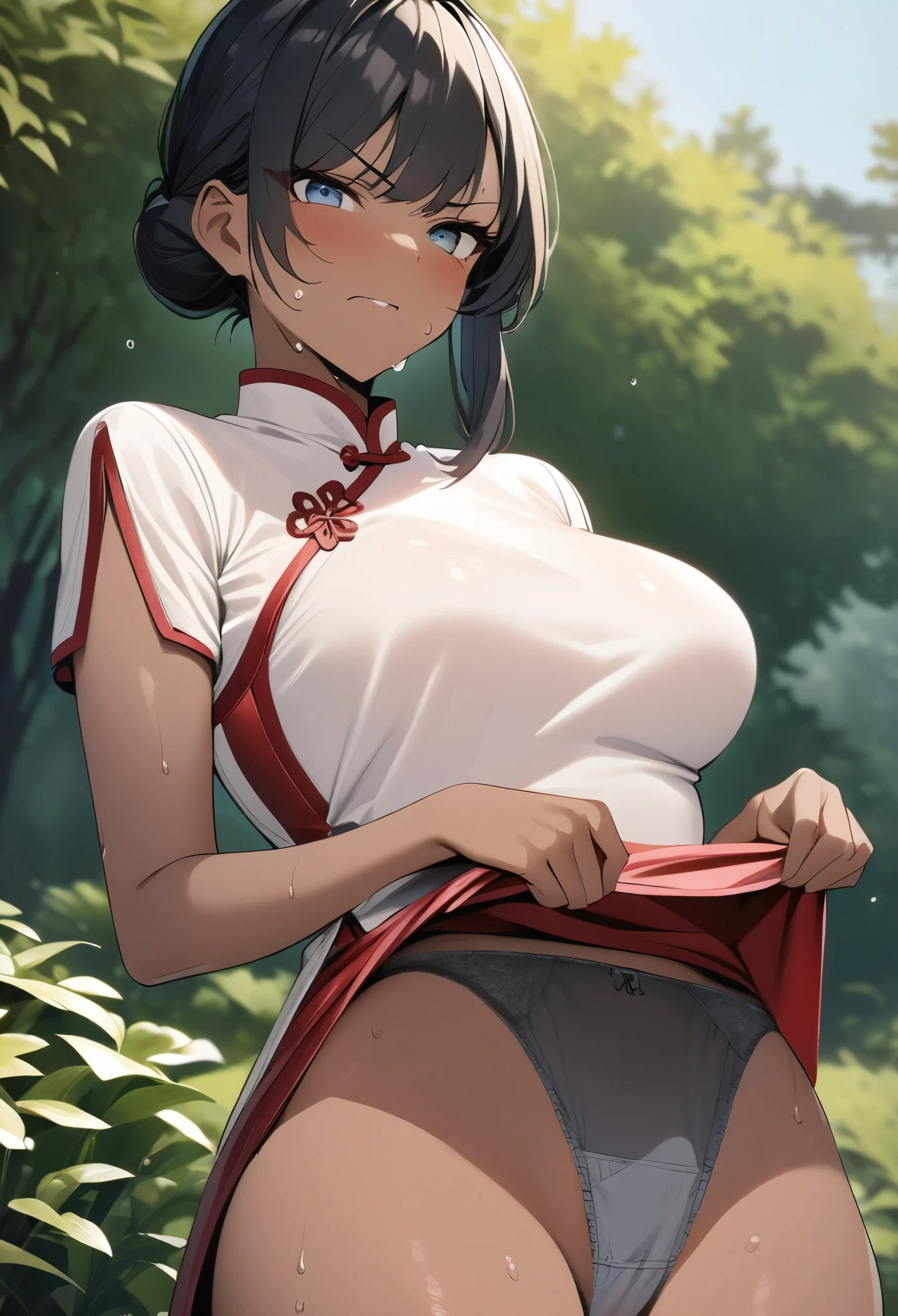 (masterpiece, best quality:1.2),solo, (1 female,black short hair),dark skin,sweating skin,in a garden,(Wearing a loose cheongsam),(Her hands lifted her Cheongsam hem to reveal her panties:1.7),Lower focus,(scowl, disdain, shaded, endured face)