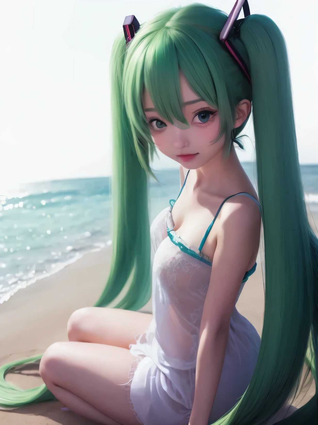 Japanese cartoons girl with green hair sitting on the beach with her long green hair in a ponytail, futuredayo, hyper realistic Japanese cartoons, seductive Japanese cartoons girl, photorealistic Japanese cartoons, 4k ], 4K], portrait of hatsune future, Japanese cartoons! 4K, Japanese cartoons! 4k, hatsune future, future, guweiz style artwork, beautiful Japanese cartoons girl