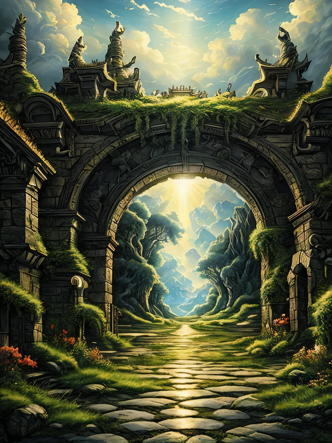 high resolution, best quality, masterpiece, very high image, quality, ultra-detailed, hyperrealistic, 3d, anime illustrations, Northern Renaissance style, The entrance to hell or The entrance to heaven, Precise, precise, detailed depiction