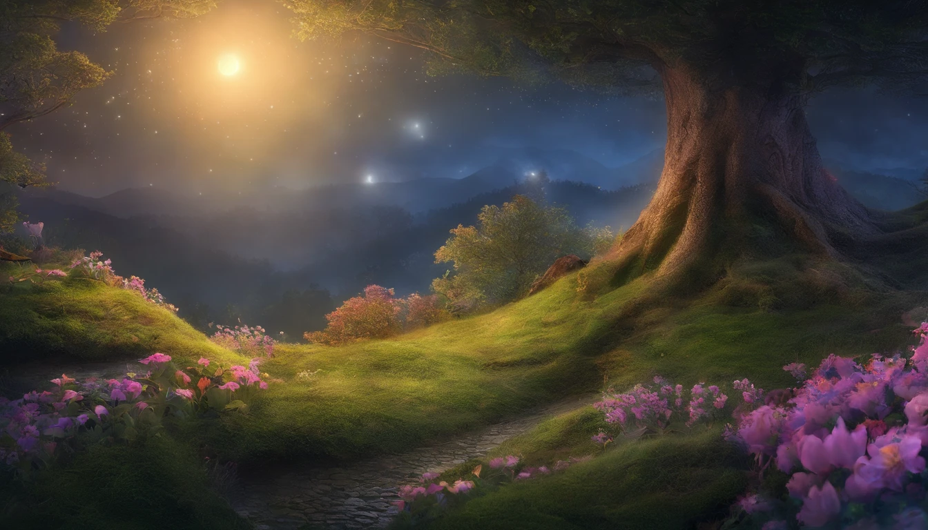 A small hill in a forest at night, the moonlight illuminates the small trees and the ground in the darkness, a light mist is rising, faint lights and shadows create a fantastic atmosphere, a single large tree stands on top of the small hill and grass, flowers and small creatures exist around it, the whole landscape has a mysterious charm and smell of adventure, One-person viewpoint, Super Detail, high details, High quality, 8K