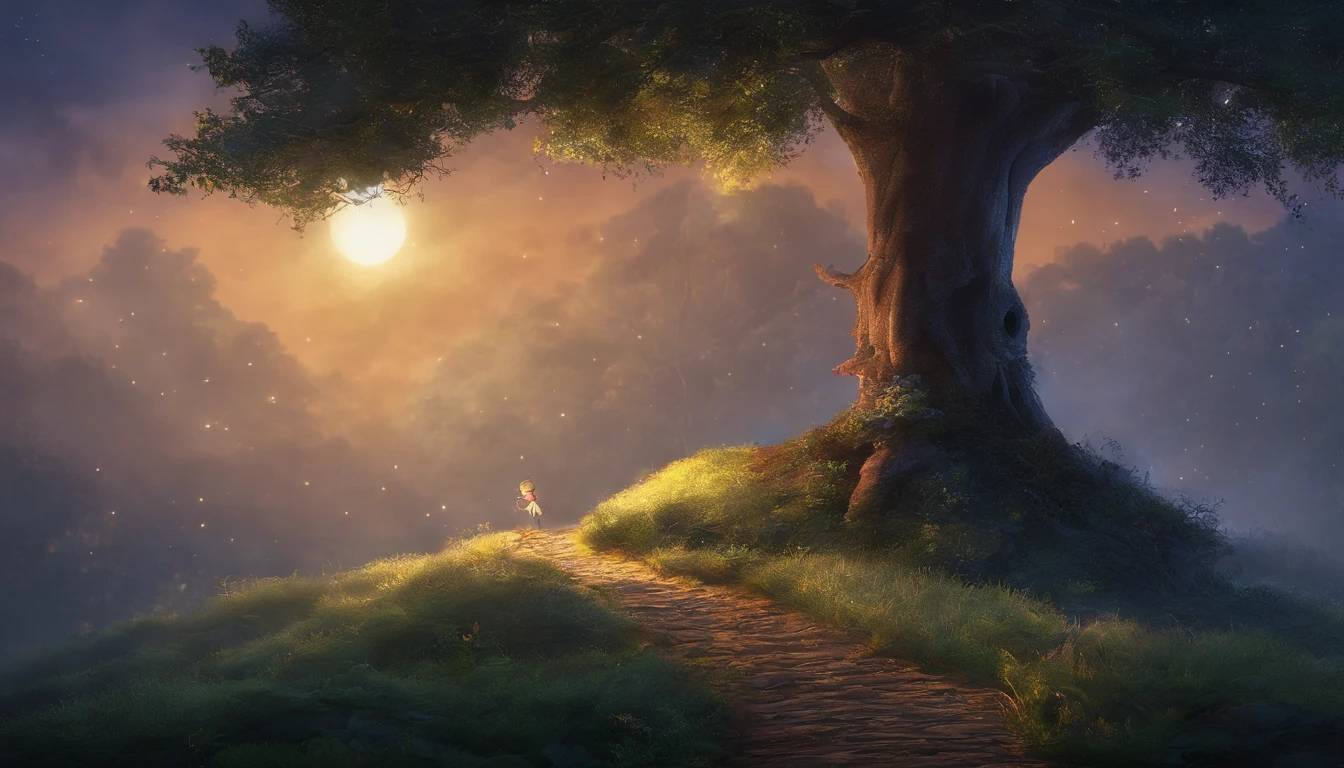 A small hill in a forest at night, the moonlight illuminates the small trees and the ground in the darkness, a light mist is rising, faint lights and shadows create a fantastic atmosphere, a single large tree stands on top of the small hill and grass, flowers and small creatures exist around it, the whole landscape has a mysterious charm and smell of adventure, One-person viewpoint, Super Detail, high details, High quality, 8K