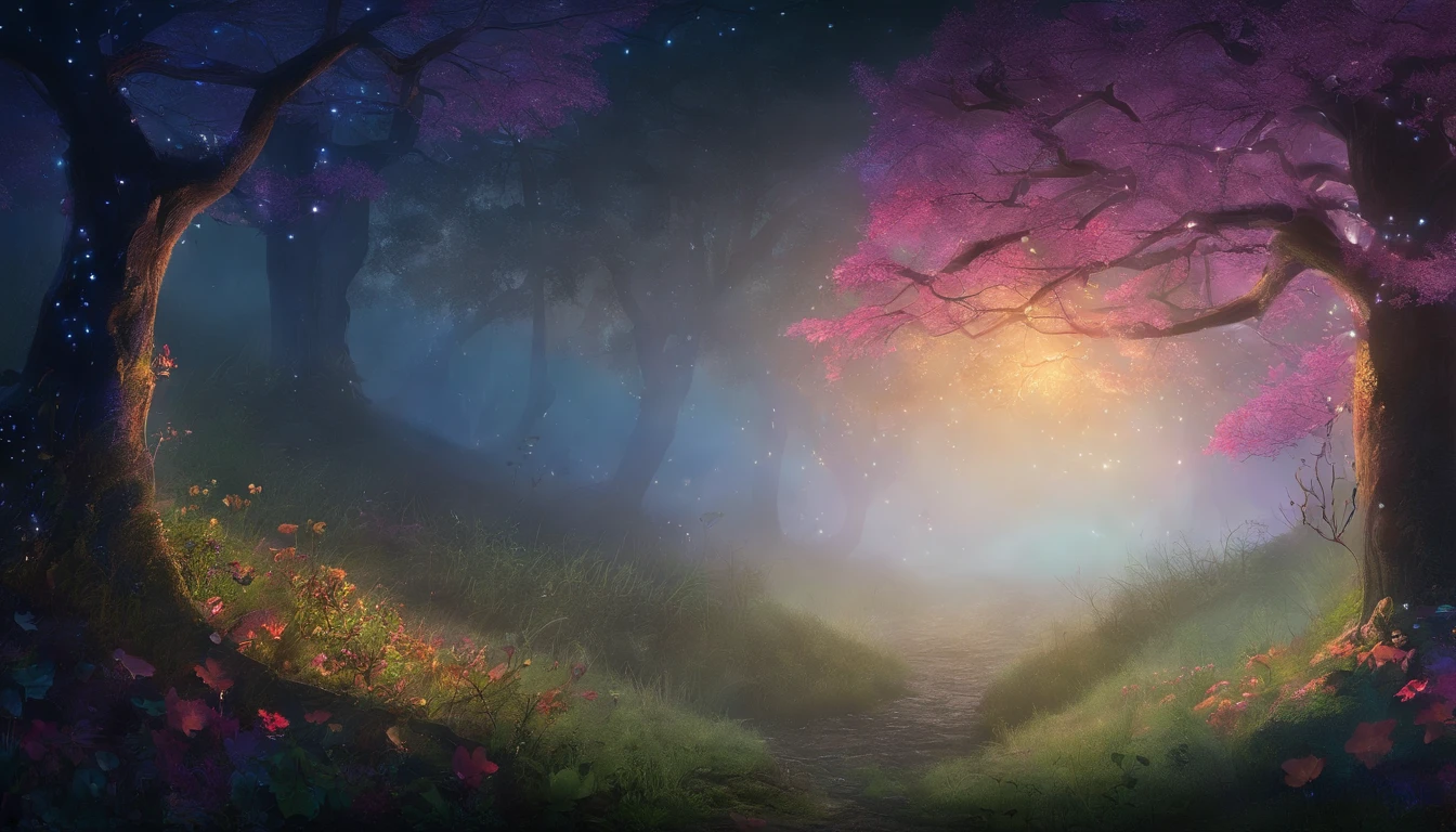 A small hill in a forest at night, the moonlight illuminates the small trees and the ground in the darkness, a light mist is rising, faint lights and shadows create a fantastic atmosphere, a single large tree stands on top of the small hill and grass, flowers and small creatures exist around it, the whole landscape has a mysterious charm and smell of adventure, One-person viewpoint, Super Detail, high details, High quality, 8K