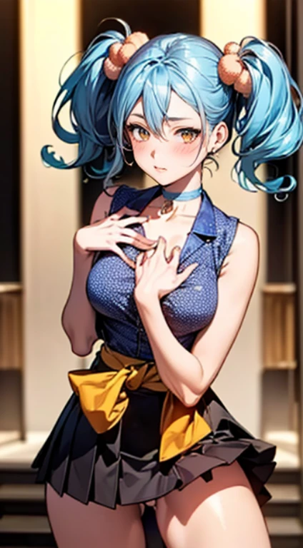 (masterpiece:1.2, highest quality), (realistic, photorealistic:1.4), beautiful illustrations, 
looking at the viewer, whole body, Front view:0.6, 
1 female, Japanese, ((light blue hair:1.5, twin tails:1.5)), blown hair, bangs, hair between eyes, ((height: 167cm, C cup bouncy breasts, thin waist, peach butt)) 
beautiful hair, beautiful face, beautiful and detailed eyes, (yellow eyes:1.3), beautiful clavicle, beautiful body, beautiful breasts, beautiful thighs, beautiful feet, beautiful fingers, 
(beautiful scenery), Beautiful concert stage,
((polka dot dress:1.3, detailed accessories, vest, mini skirt, choker)), white panties, 
(Are standing, lift the skirt, grab the hem of the skirt, put your hand on your chest, hand between legs, open your legs:1.3), 
(Look at the viewer while blushing:1.3), ((idol costume:1.5))