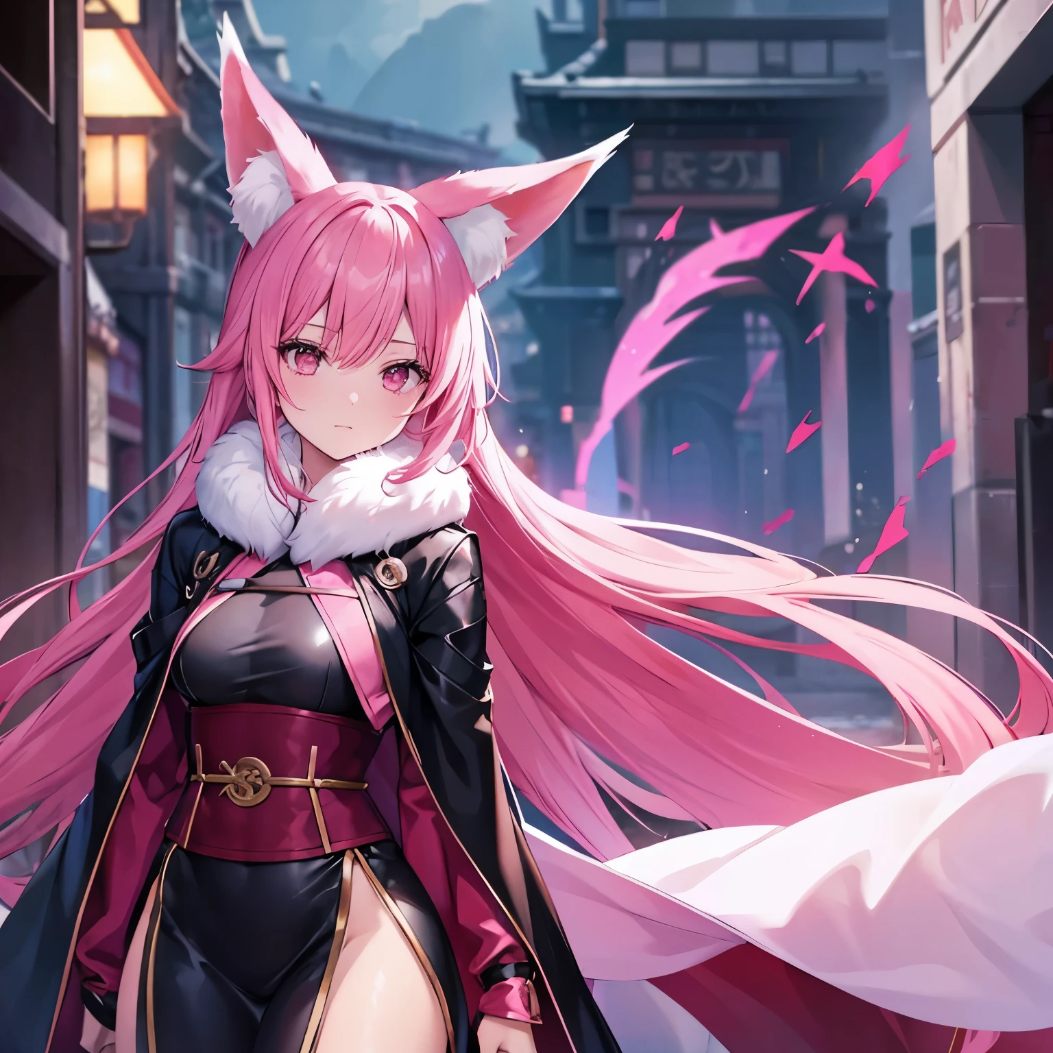 a girl，alone，Asian，Daji，Pink fox ears，animal ears，pink hair，Pink fox tail，Mature figure，spy，Rogue，straggler，assassin，light cloth，cloak
