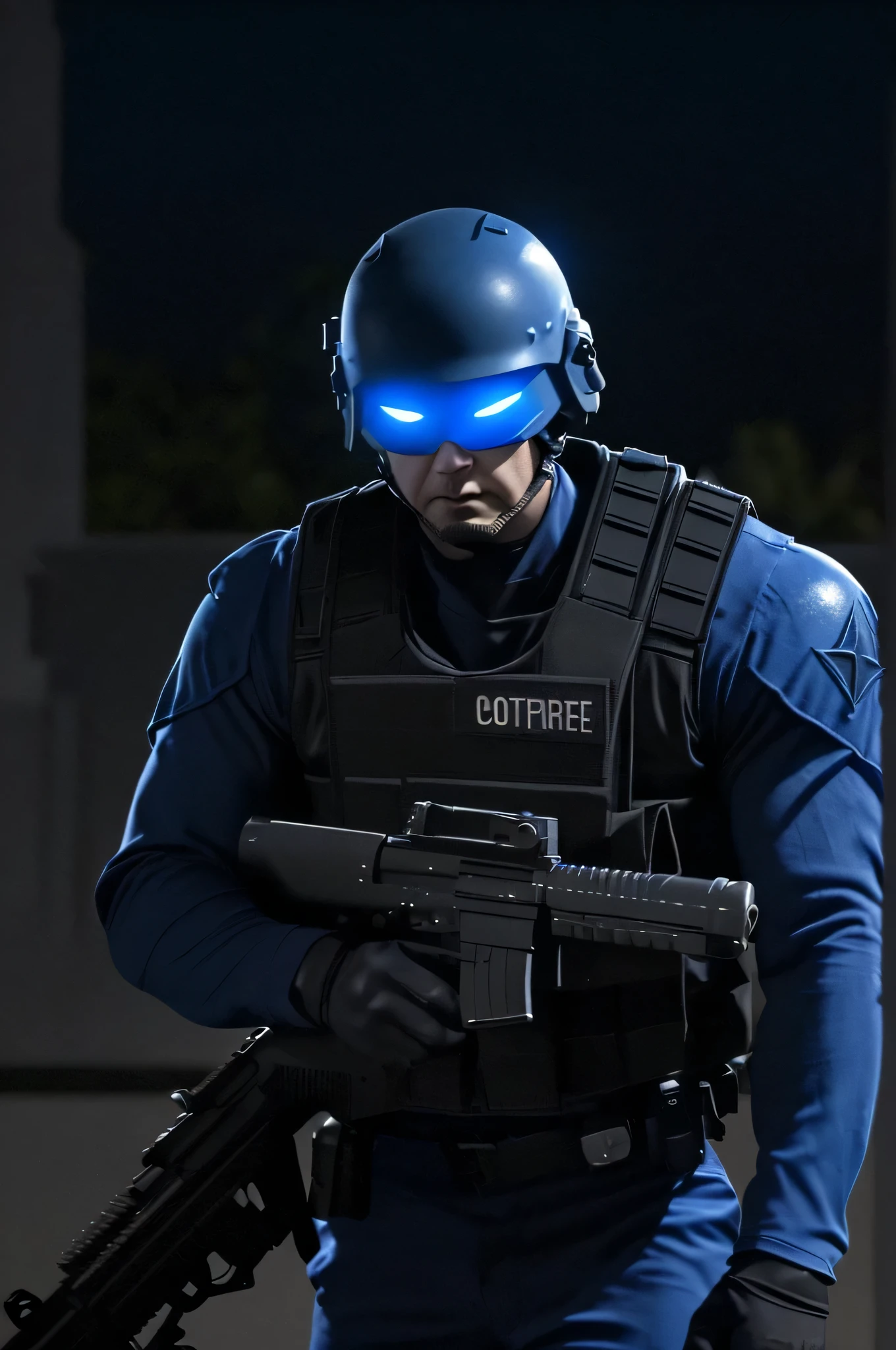 a man，Los Angeles SWAT，at night，Dark Los Angeles Neighborhood，Coming towards us，Wearing blue clothes，without helmet，full-body shot，firm eyes，Looking at us，Show your face to shoot American drama《Counter-Terrorism Group》，Played by Jeremy Renner