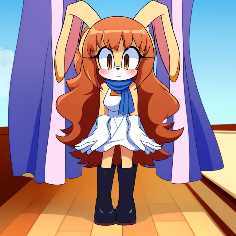 Female, Mobian, Rabbit, Cream the Rabbit sonic the hedgehog \(series\), rabbit girl, ((solo)), ((1girl)), ((hairstyles, long wavy hair with curtain side bangs, similar to Maria)), brown eyes, blushing, serious/mad, young ager, average sized breasts, hair on top of shoulders, long peach hair color that’s is wavy, wearing a blue anime styled scarf, wearing a red one piece, knee length tights, black boots, white gloves, arms crossed, many poses (((2D Anime Style))),