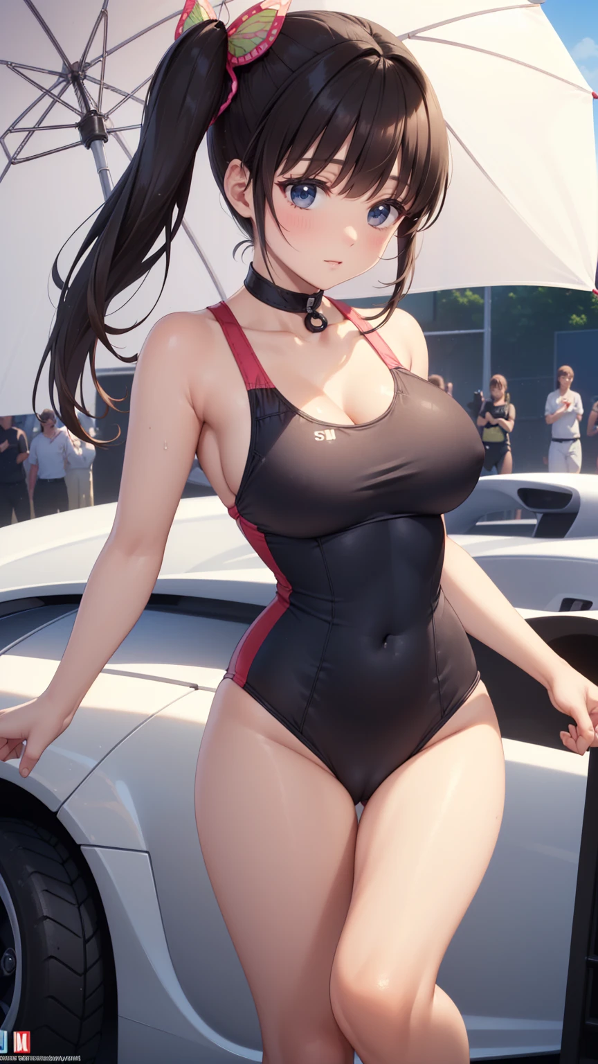 kano, side ponytail、long hair, bangs, black hair, (brown eyes:1.5、a girl,Butterfly hair ornament、a girl, brown hair, long hair, (((Blue high leg swim WEAR))), ((( racing circuit))), big parasol,(((plunging neckline, Revealing necklines))), (((racing car,))) race QUEEN,
,super big breasts、Angle looking up from below,Anal show-off Destroying masterpiece:1.2), highest quality, High resolution, unity 8k wallpaper, (figure:0.8), (detailed and beautiful eyes:1.6), highly detailed face, perfect lighting, Very detailed CG, (perfect hands, perfect anatomy),