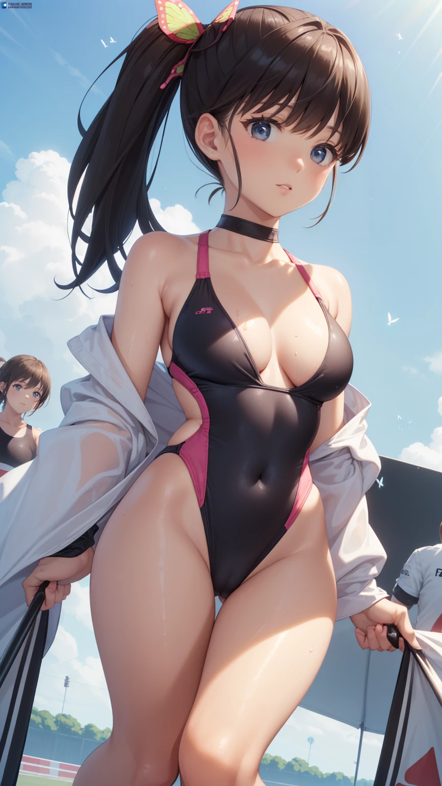 kano, side ponytail、long hair, bangs, black hair, (brown eyes:1.5、a girl,Butterfly hair ornament、a girl, brown hair, long hair, (((Blue high leg swim WEAR))), ((( racing circuit))), big parasol,(((plunging neckline, Revealing necklines))), (((racing car,))) race QUEEN,  
,super big breasts、Angle looking up from below,Anal show-off Destroying masterpiece:1.2), highest quality, High resolution, unity 8k wallpaper, (figure:0.8), (detailed and beautiful eyes:1.6), highly detailed face, perfect lighting, Very detailed CG, (perfect hands, perfect anatomy),