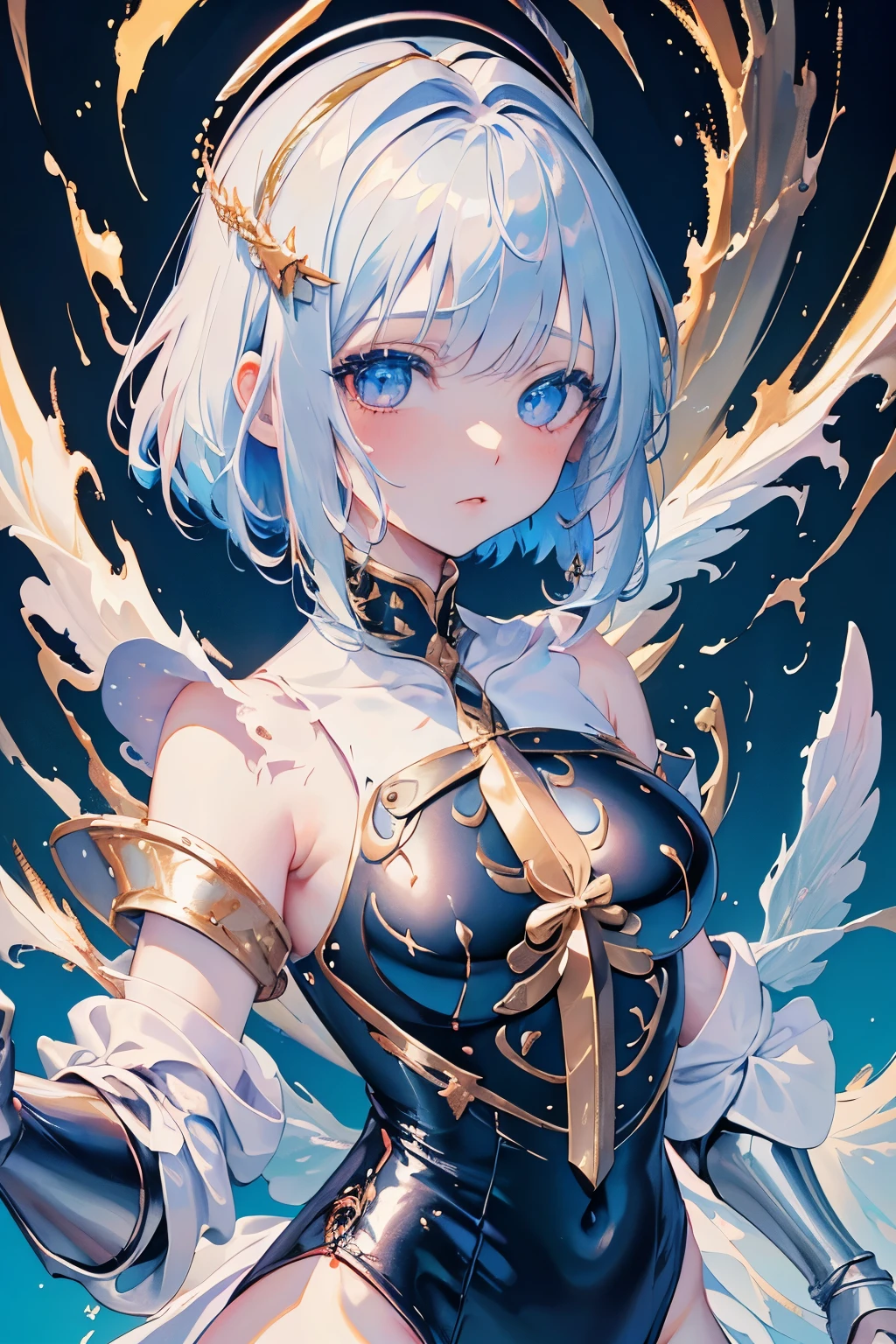 （（（highest quality、masterpiece、normal body、8k、detailed face、ultra precision、normal hand、normal finger、５This finger、supreme）））female hero、blonde、Silver Breastplate、Racy blue leotard、white pareo、Holy Sword Excalibur、slave collar、Shattered armor、Tattered leotard、broken armor、Torn leotard、Leotard with holes、Brandishing the Holy Sword