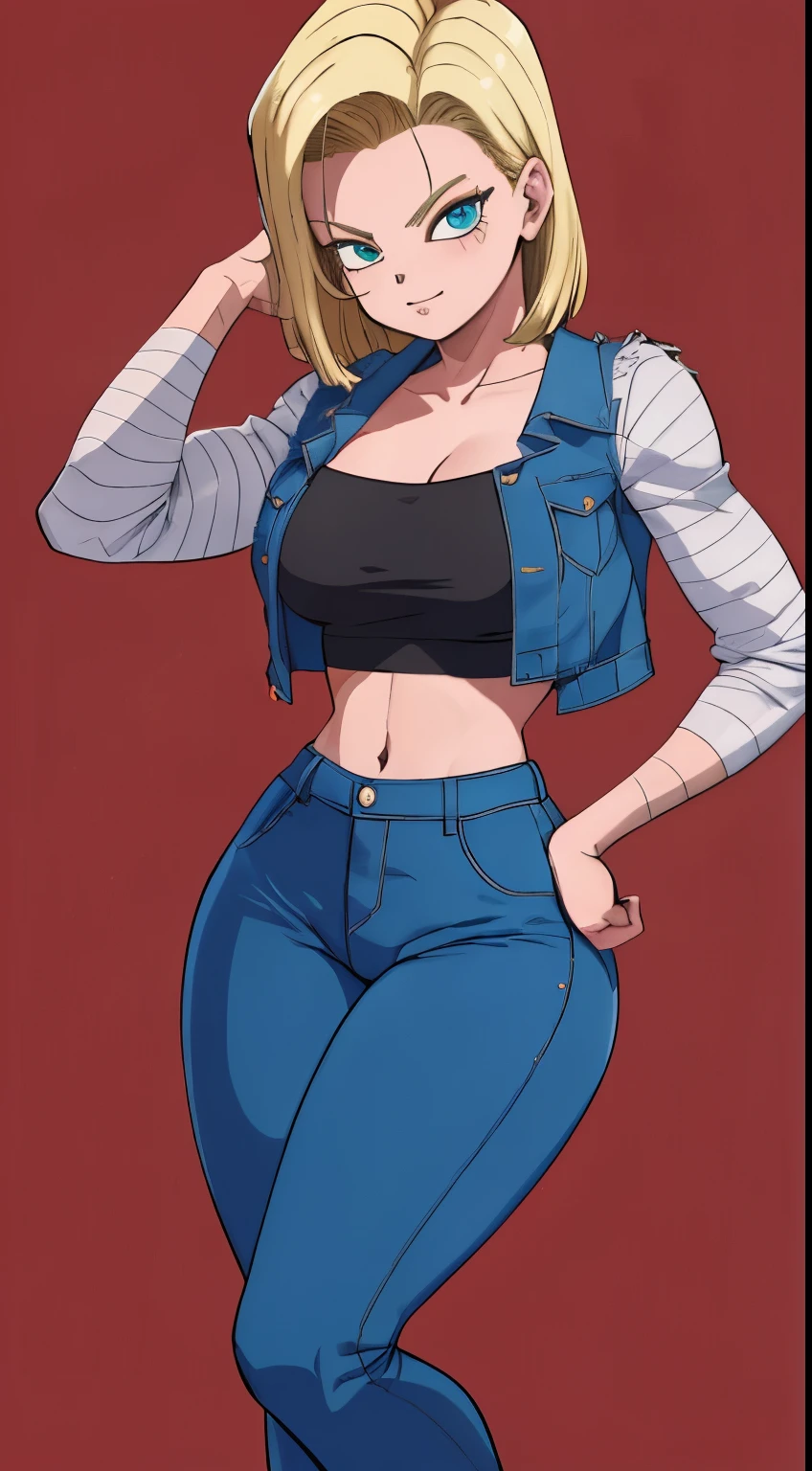 ((master part,best quality)), cabelos loiros, cabelo amarelo, absurdos, android_18_.DB, Denim Jeans Pants, camisa manga longa listrada, colete jeans azul, sozinho, sorridente, Olhando para o Viewer, cowboy shot, cinematic  composition, dynamic pose, corpo inteiro, bota marrom, perfil lateral, mostrando o lado da perna, mostrando lateral, de lateral, standing on her feet, corpo inteiro, Denim Jeans Pants azul, reflexo, cabelos curtos, bunda grande, decote, cintura fina, peitos grandes,